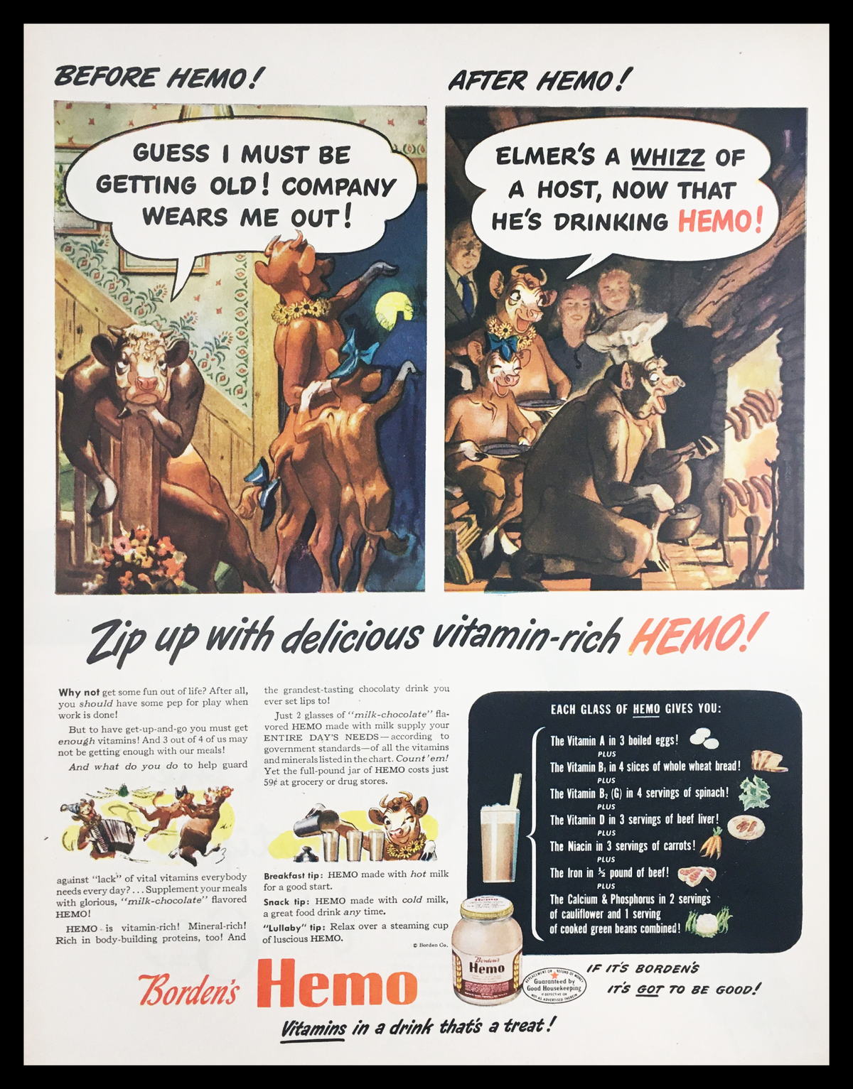 1945 Borden's Hemo Vitamins Vintage Print Ad showcasing a playful depiction of cows before and after consuming Hemo vitamins, highlighting the benefits of this vitamin-rich product in a nostalgic and colorful design.