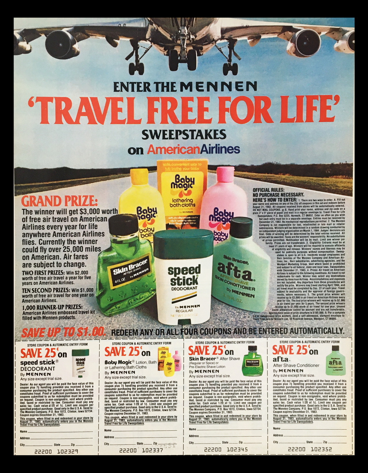 1983 The Mennen American Airlines Sweepstakes Circular Coupon Advertisement featuring bottles of Mennen products and a promotional offer to win travel. Good condition, original advertisement with measurements 11 1/4 x 8 3/4.