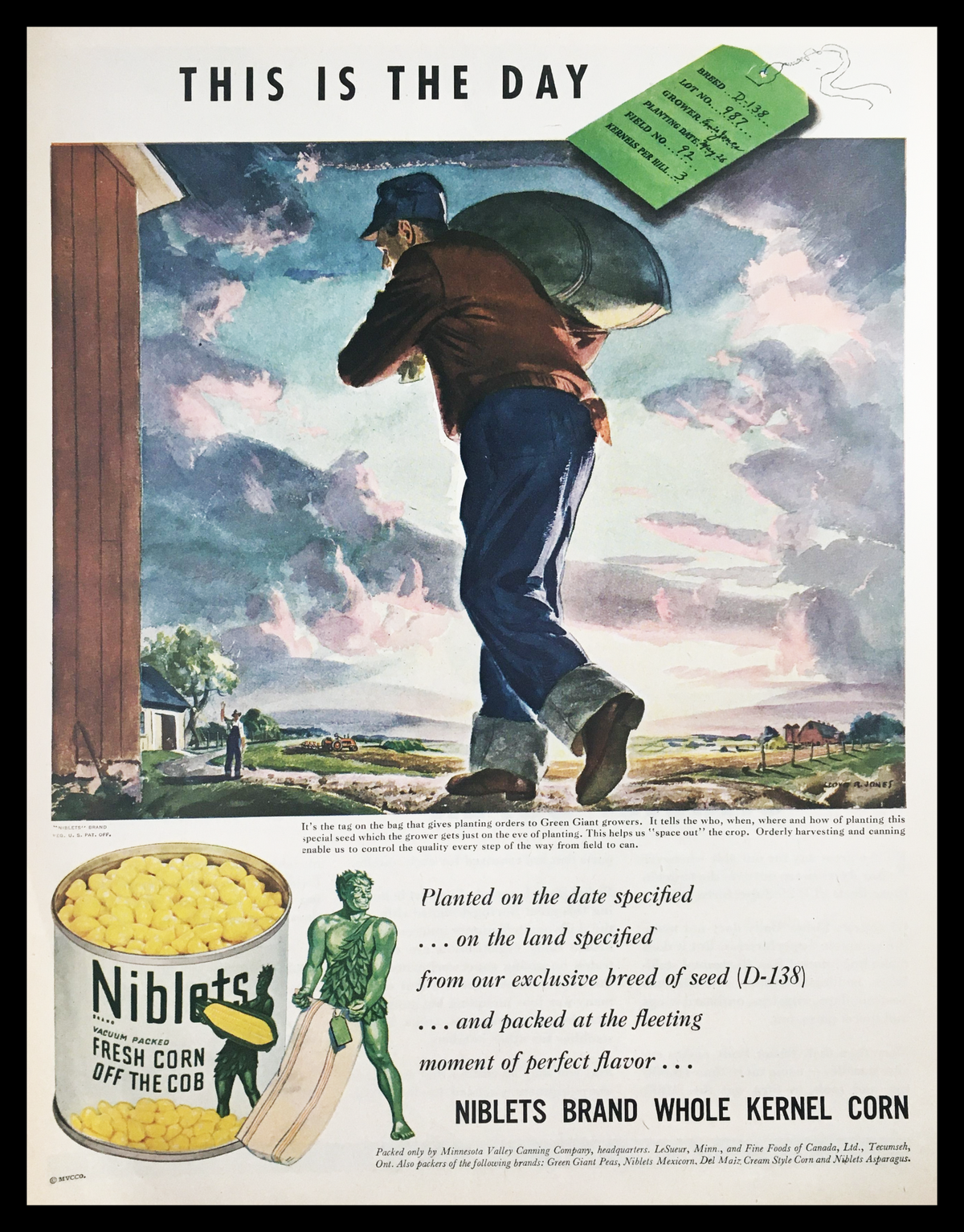 1945 Niblets Fresh Corn Off The Cob Vintage Print Ad featuring a farmer and a can of Niblets corn, showcasing vibrant colors and retro design that embodies mid-20th century Americana.