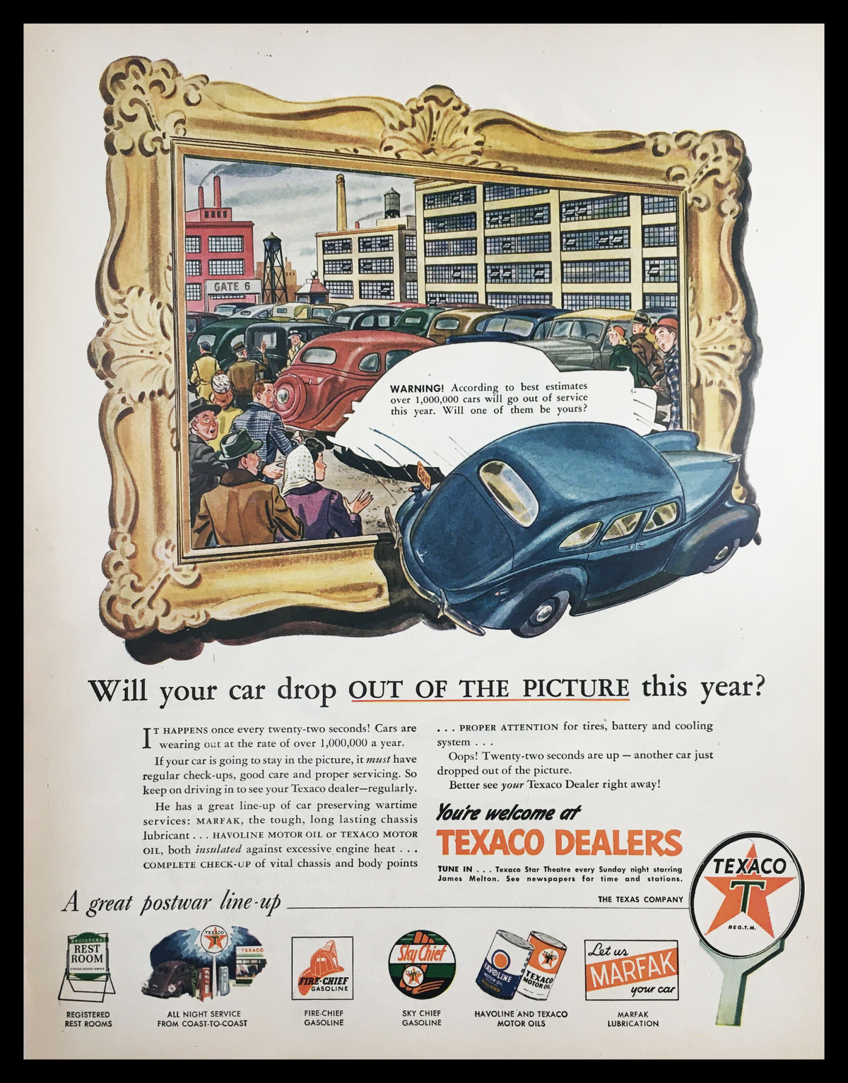 1945 Texaco Dealers of Texaco Company Vintage Print Ad featuring a colorful illustration of a bustling gas station scene, iconic cars of the era, and bold typography showcasing Texaco's service promise. A historical snapshot of postwar America and automotive culture.