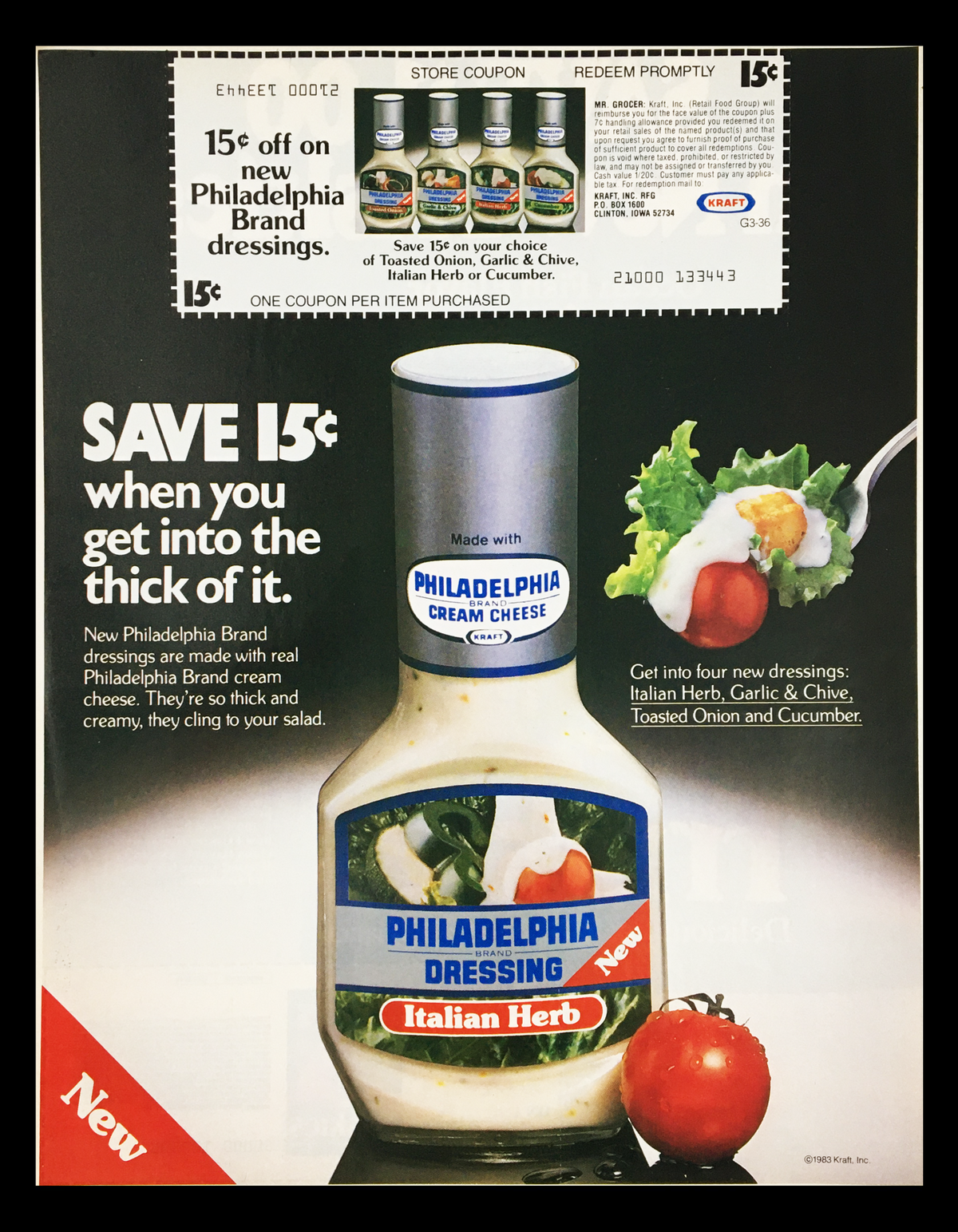 1983 Kraft Philadelphia Brand Dressing Circular Coupon Advertisement featuring a bottle of Philadelphia Dressing and a coupon for 15 cents off new Philadelphia Brand dressings, showcasing vibrant imagery and marketing from the early '80s.