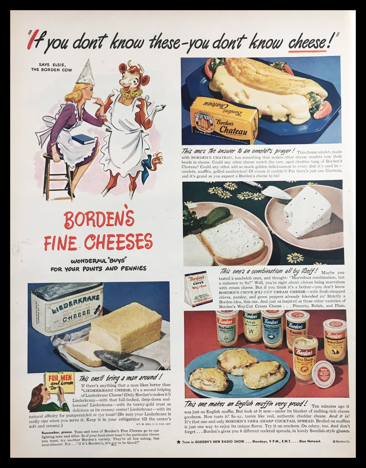 1945 Borden's Fine Cheeses Wonderful Buys Vintage Print Ad showcasing vintage cheese products with colorful illustrations, including the Borden Cow and various cheese items, ideal for collectors and vintage advertising enthusiasts.