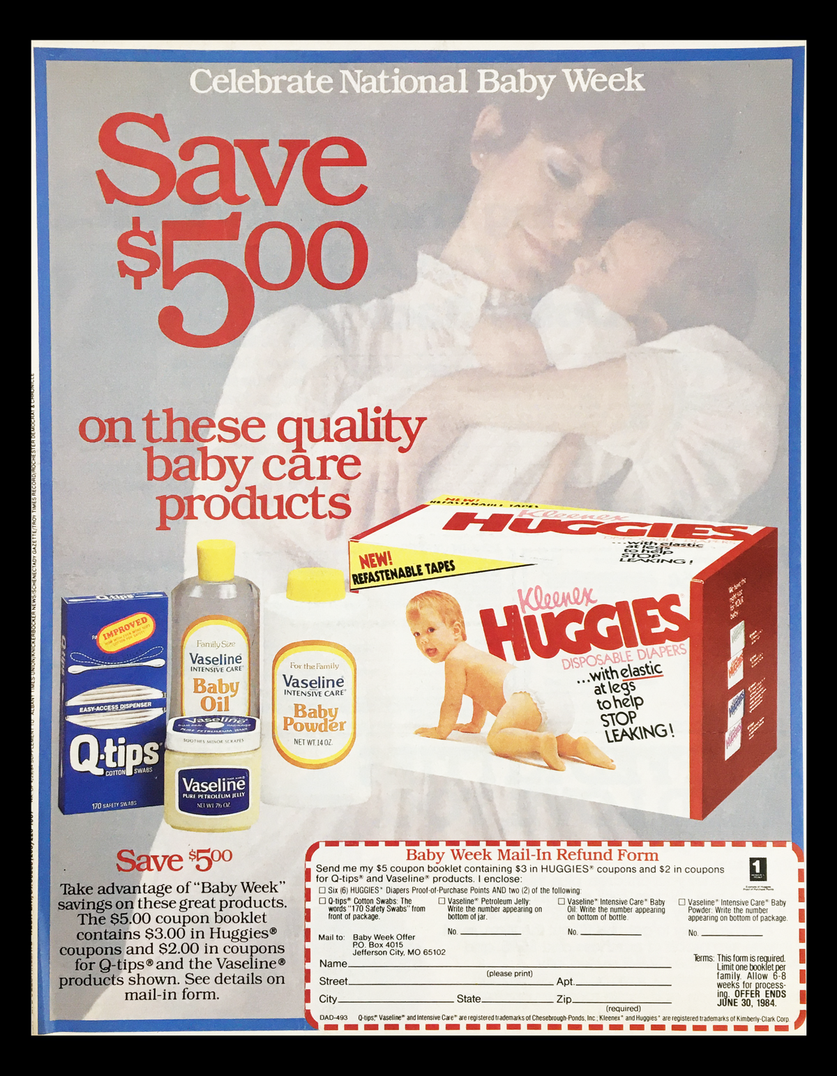 1984 Kleenex Huggies Disposable Diapers Circular Coupon Advertisement showcasing baby care products with a $5 savings offer, featuring a mother holding a baby and various baby care items including Huggies diapers, baby oil, and baby powder.
