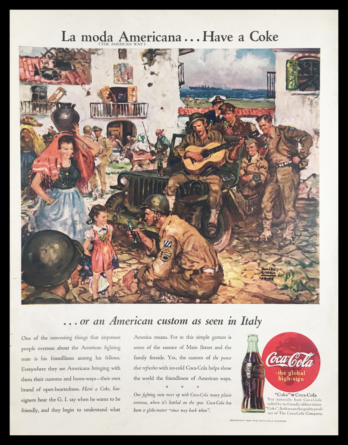 1945 Coca-Cola La Moda Americana Vintage Print Ad featuring a lively scene depicting American traditions, soldiers enjoying Coca-Cola, and a vibrant cultural atmosphere, capturing the spirit of post-war Americana.