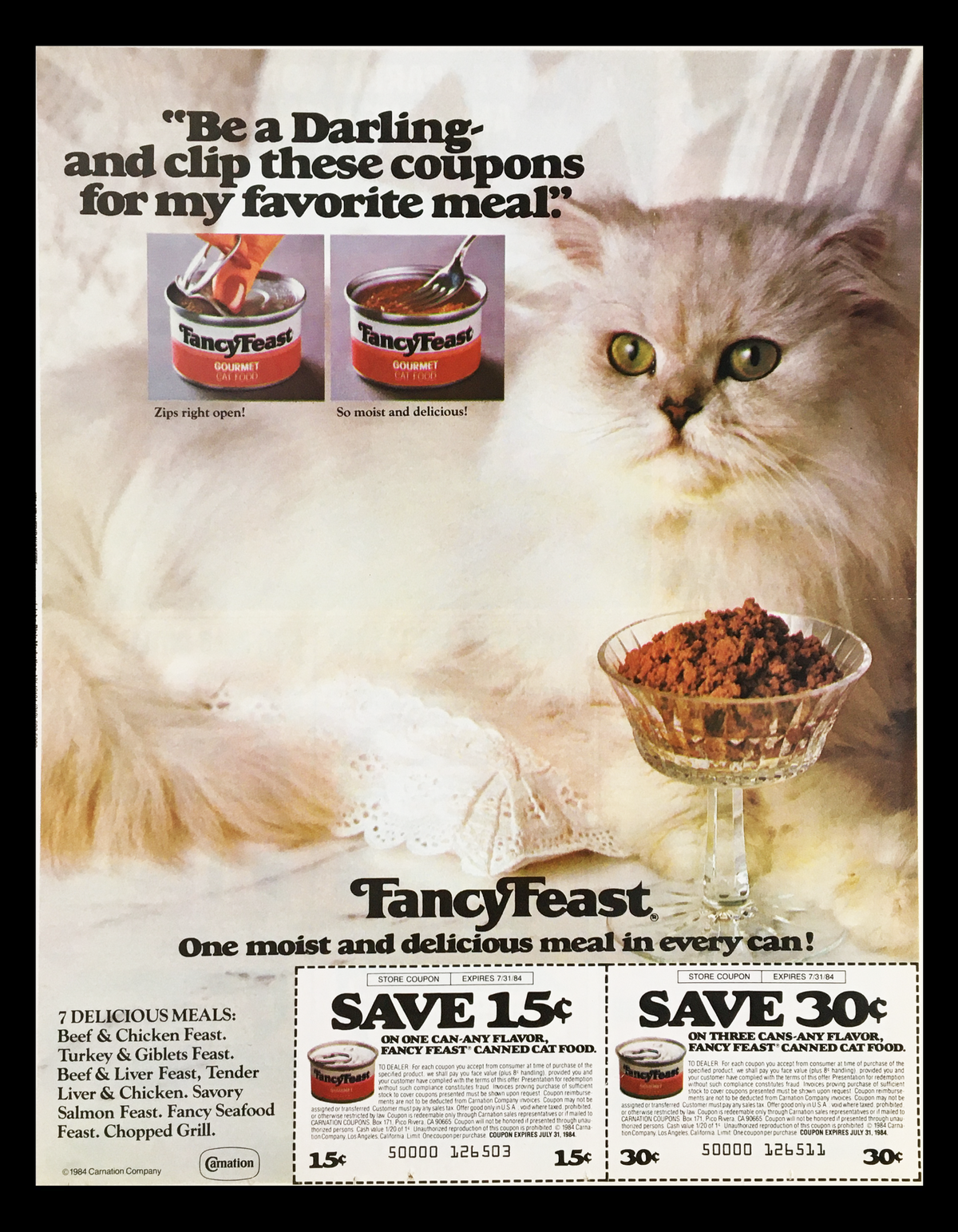 1984 Fancy Feast Gourmet Cat Food Circular Coupon Advertisement featuring a fluffy white cat with a bowl of Fancy Feast cat food and coupons. Highlights a promotion of saving 15 cents on various cat food products.