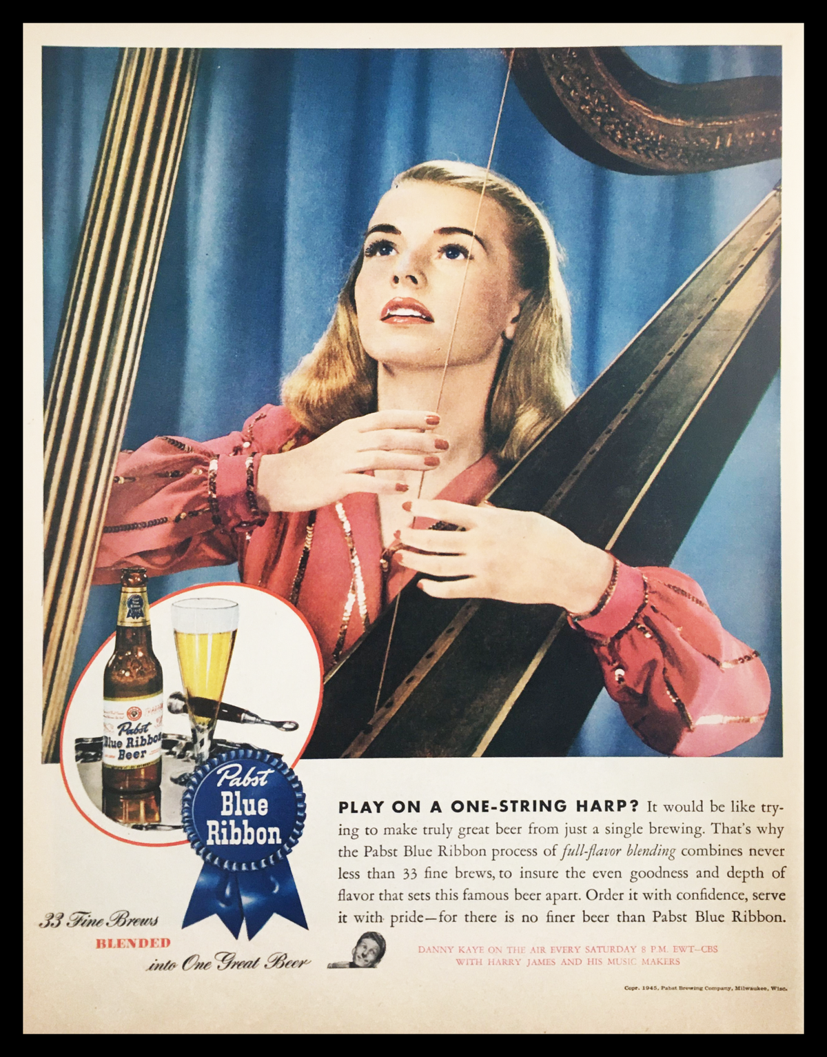 1945 Pabst Blue Ribbon Fine Brews Blended One Great Beer vintage print ad featuring a woman playing a harp, showcasing an elegant setting that reflects mid-20th century style and celebrates the quality of Pabst Blue Ribbon beer.