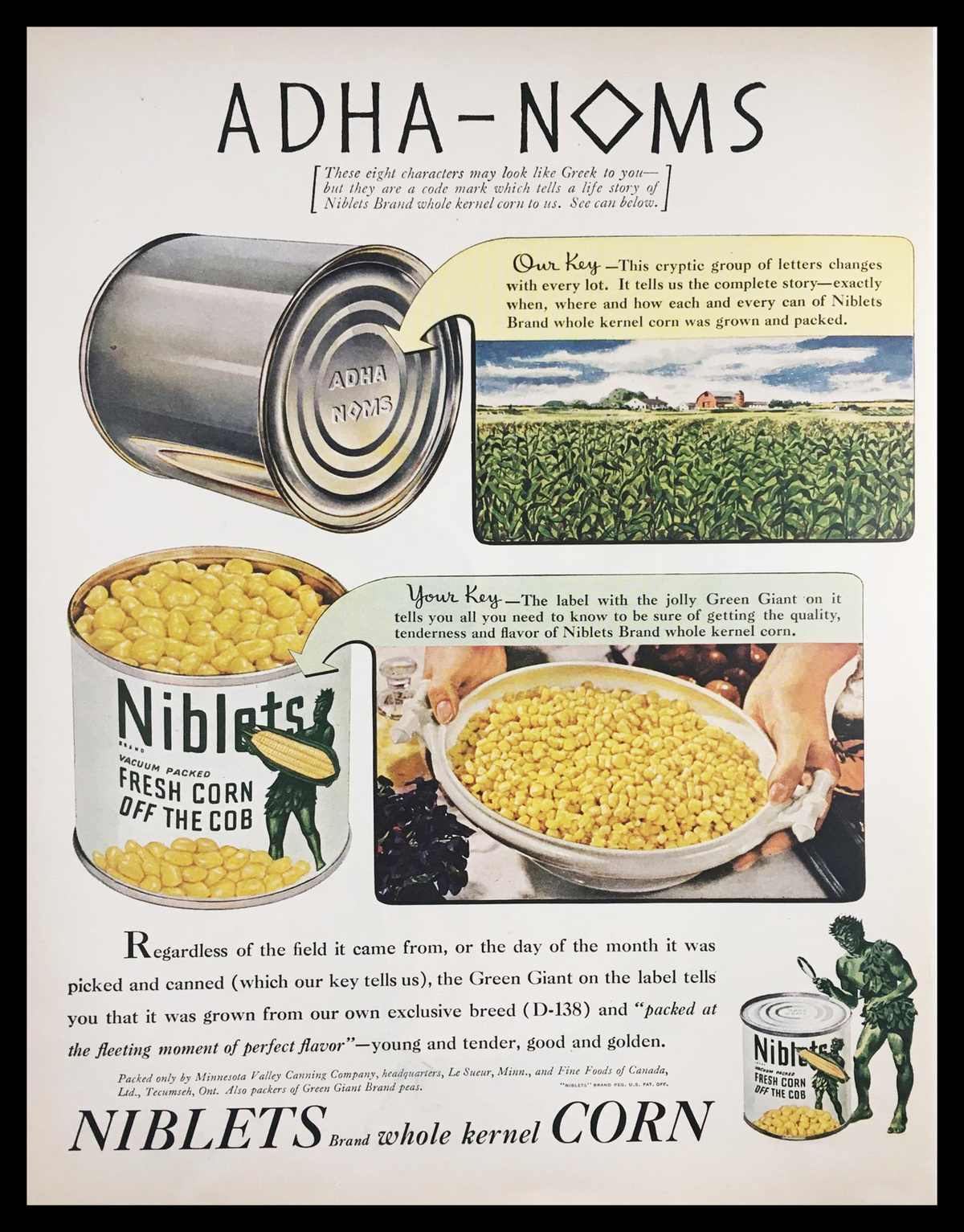 1945 Niblets Brand Whole Kernel Corn Vintage Print Ad featuring vibrant graphics of canned corn and branding information, showcasing mid-20th century advertising aesthetics.