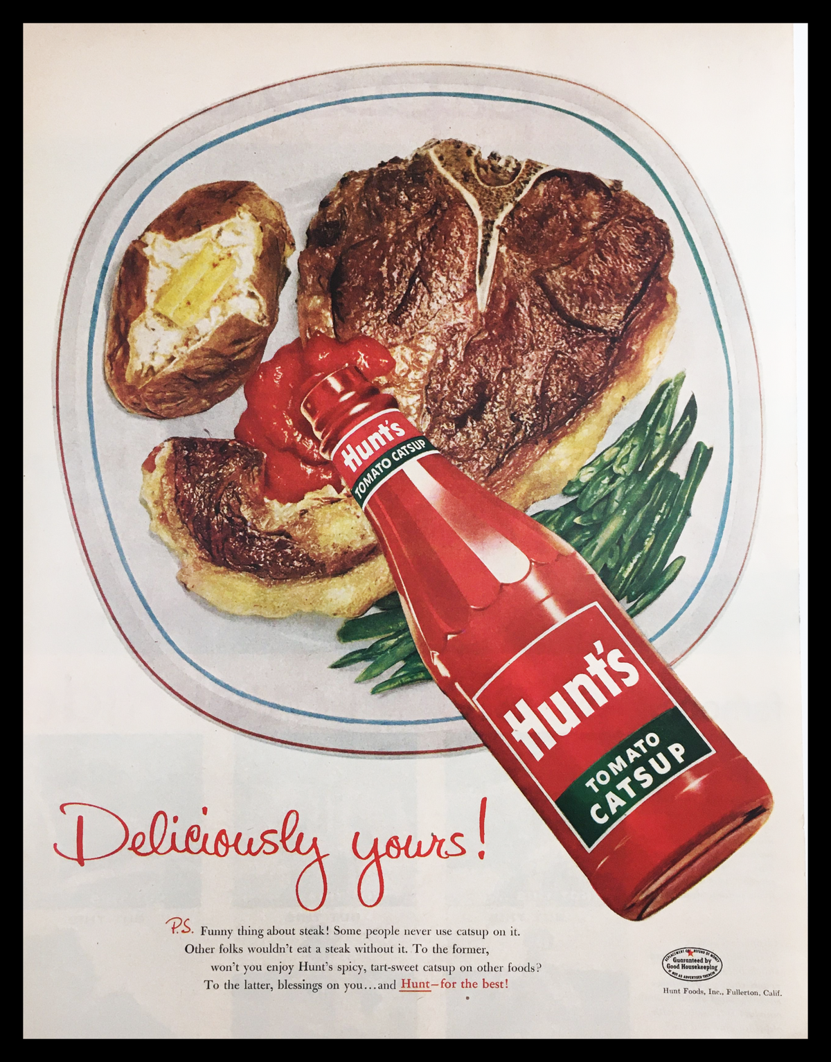 1945 Hunt's Tomato Catsup Vintage Print Ad featuring a bottle of Hunt's tomato catsup alongside a hearty meal of steak and baked potato on a plate, showcasing mid-20th century food advertising.