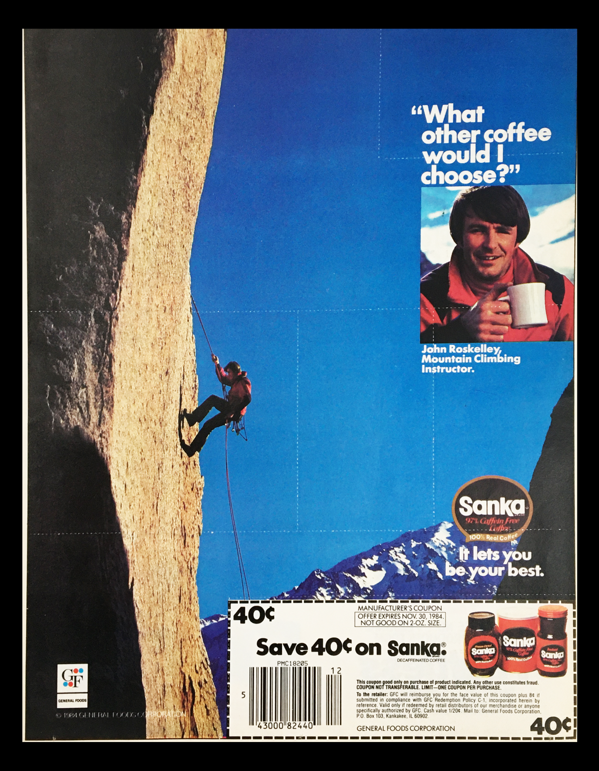 1984 Sanka Coffee feat. John Roskelley Circular Coupon Advertisement featuring John Roskelley climbing a rock face with a Sanka Coffee mug in hand, promoting a 40 cent savings offer.
