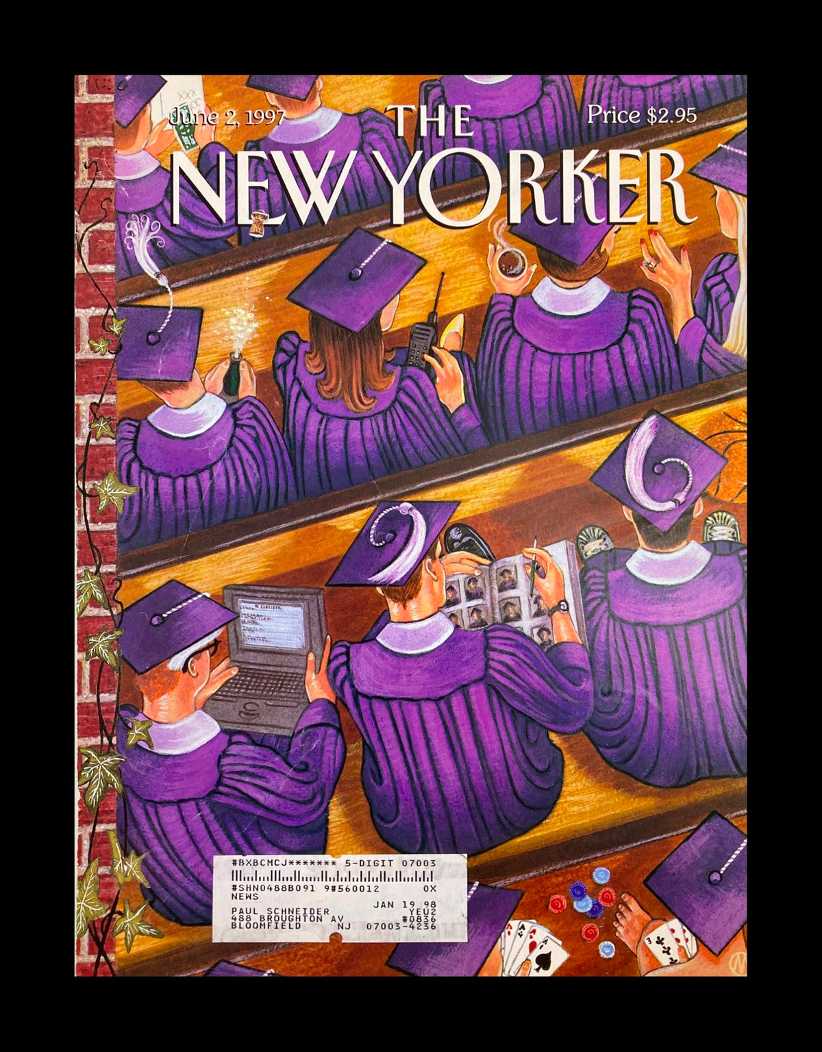 Cover only The New Yorker June 2, 1997, featuring an illustration by M. Scott Miller depicting graduates in purple caps and gowns, celebrating graduation with a vibrant design.