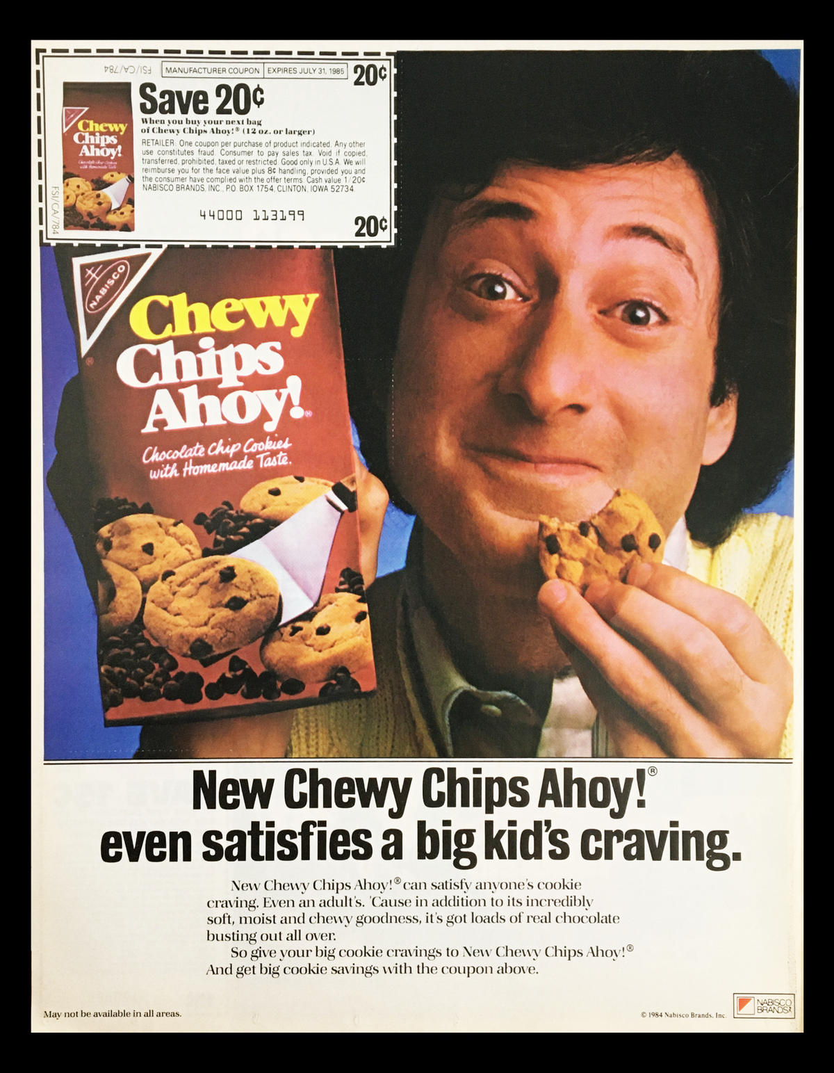 1984 Nabisco Chewy Chips Ahoy Circular Coupon Advertisement featuring a man enjoying Chewy Chips Ahoy cookies with the text about satisfying cravings and a 20 cent off coupon.