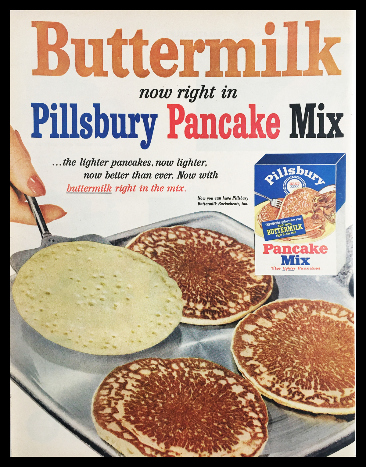1956 Pillsbury Buttermilk Pancake Mix Vintage Print Ad featuring a pan of pancakes and the iconic packaging, highlighting the lighter pancakes now made with buttermilk for a delicious twist.