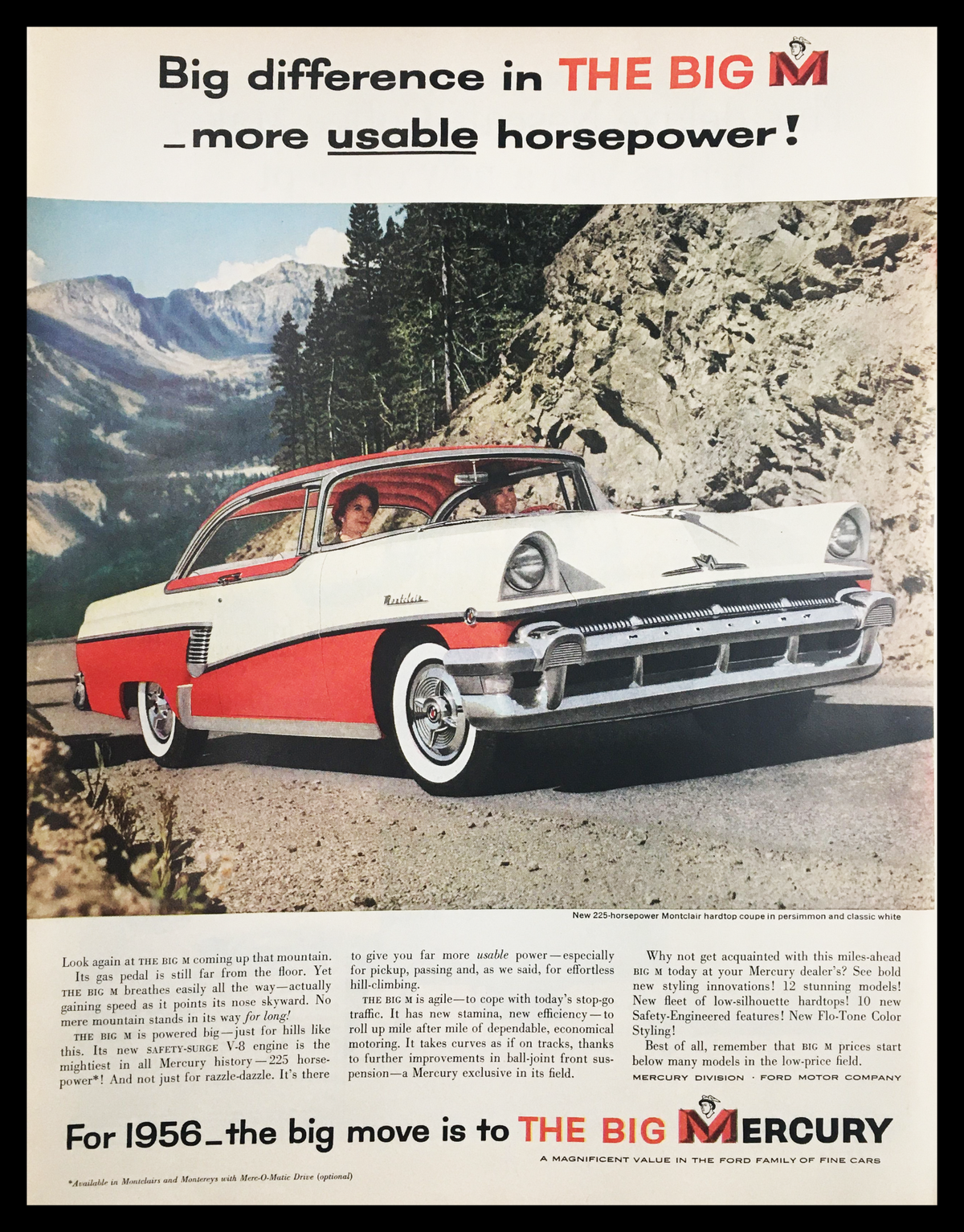 1956 Ford Montclair Hardtop Coupe Vintage Print Ad showcasing classic car design in a scenic mountain backdrop, perfect for automotive enthusiasts and collectors.
