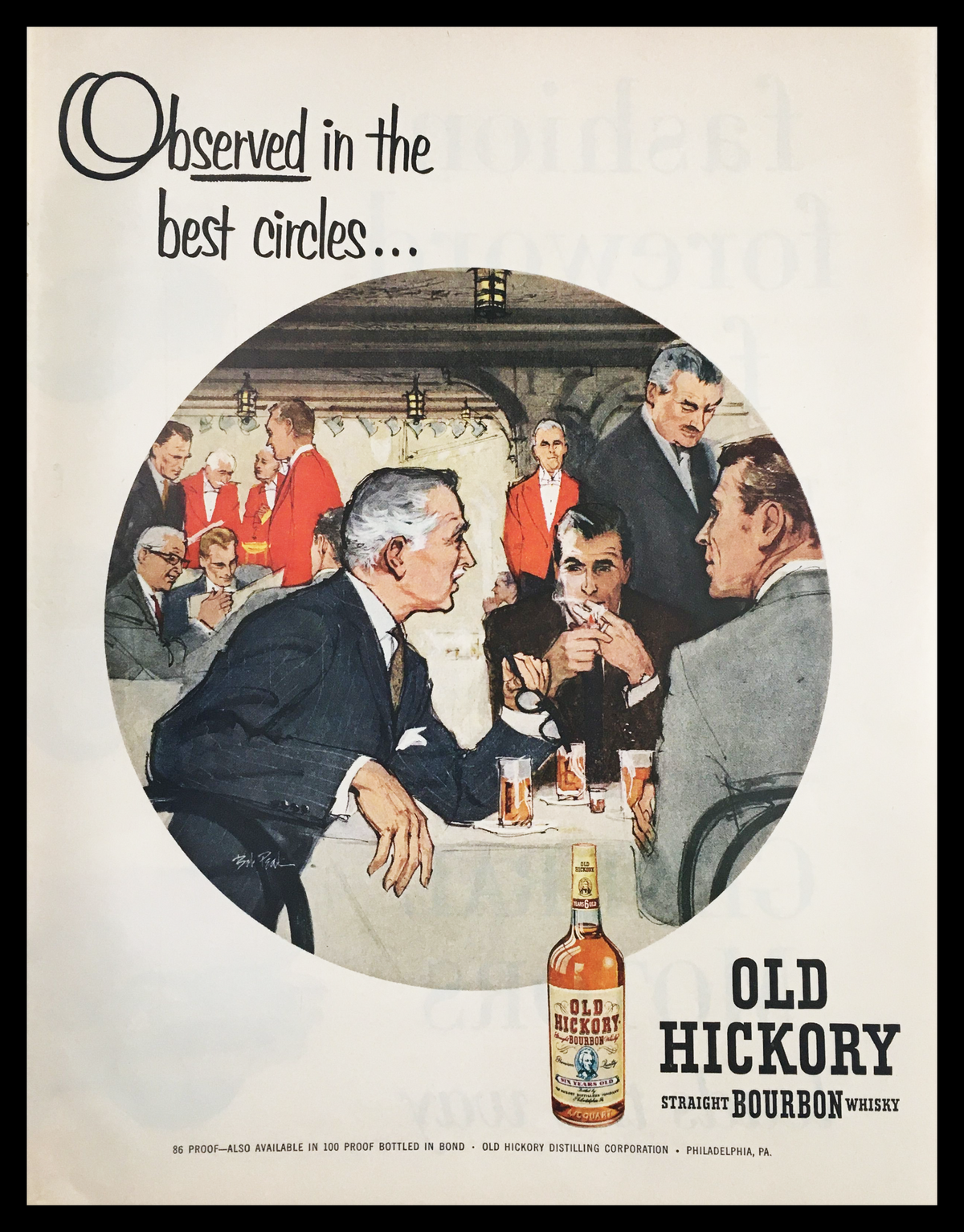 1955 Old Hickory Straight Bourbon Whisky Vintage Print Ad featuring a sophisticated gathering with men in suits and a bottle of Old Hickory Bourbon prominently displayed, capturing mid-20th century art style.