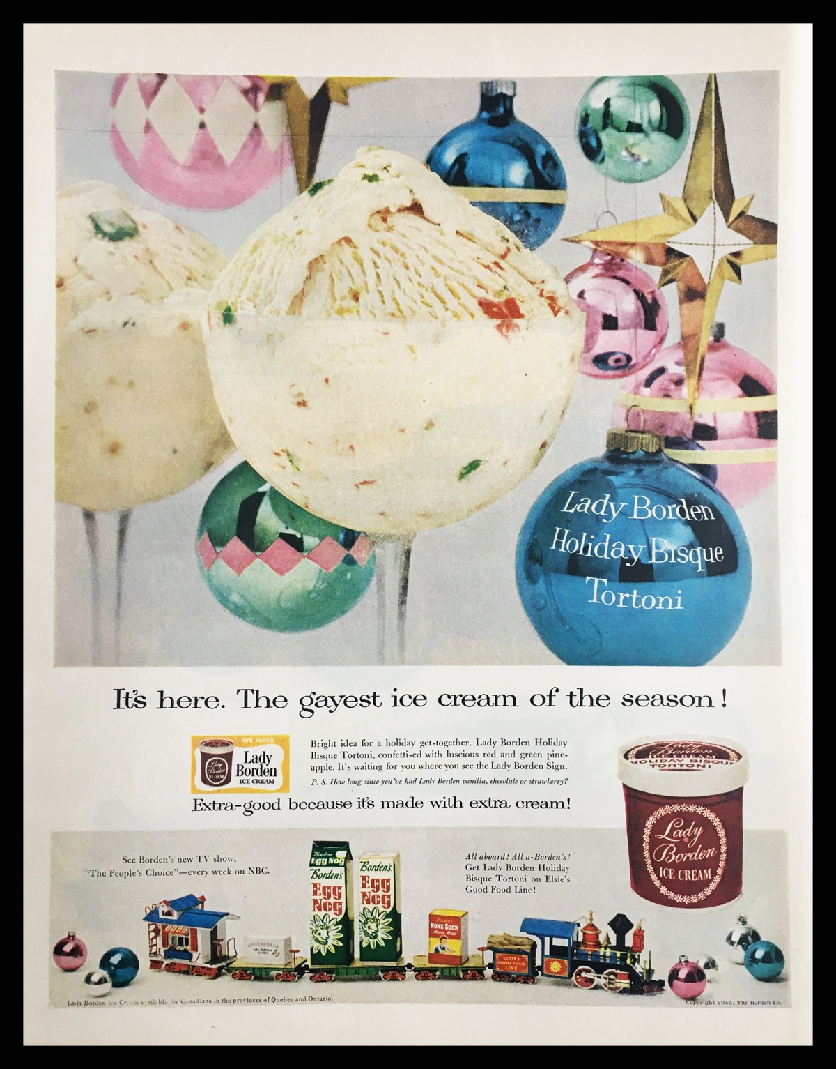 1955 Lady Borden Ice Cream Vintage Print Ad showcasing a festive display of colorful ice cream scoops and holiday decorations, emphasizing the season's delight with a focus on Lady Borden's extra-creamy ice cream.