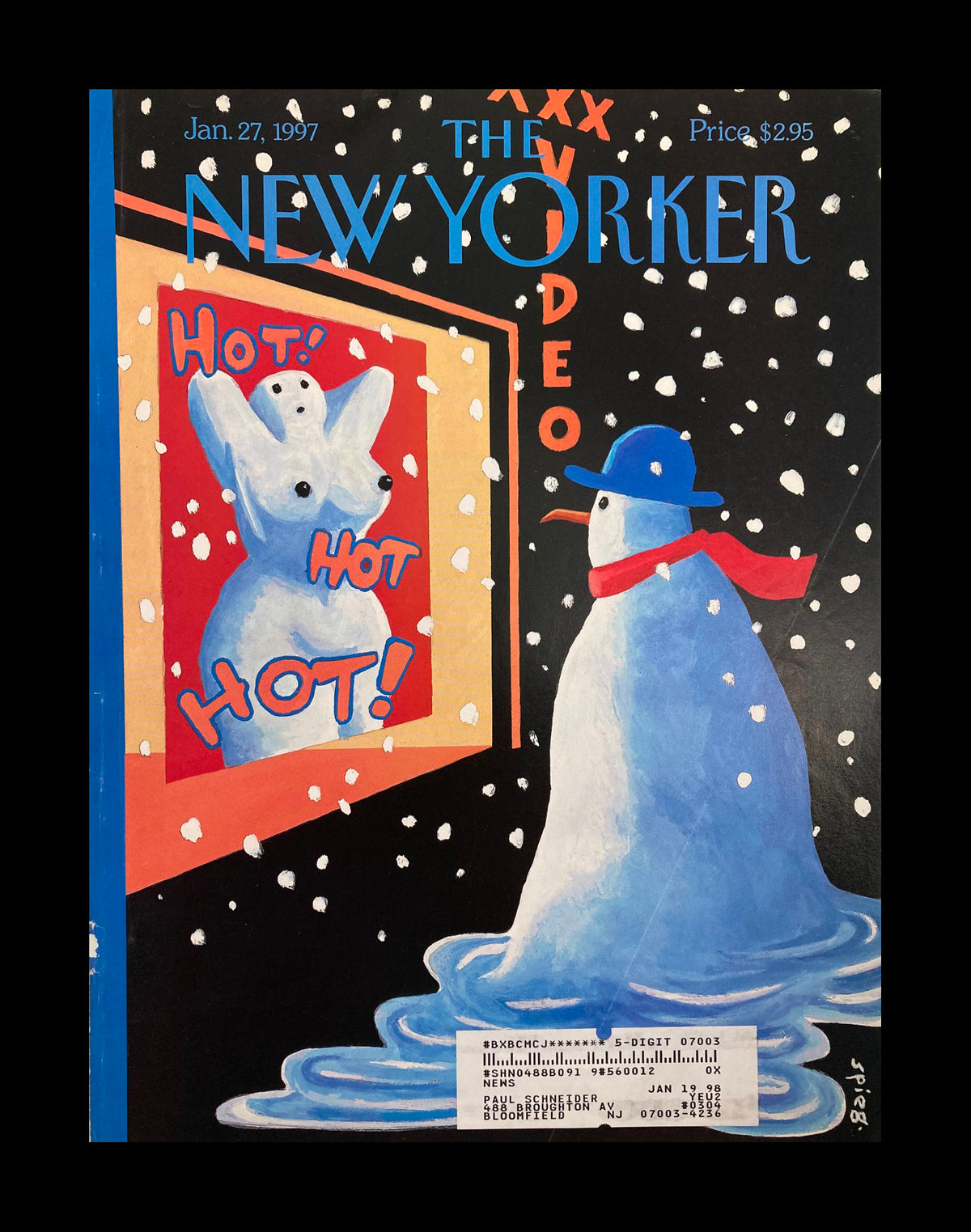 Cover art from The New Yorker dated January 27, 1997, titled 'Hot, Hot, Hot' by Art Spiegelman, featuring a snowman with a blue hat in a snowy background, showcasing vibrant colors and bold design.