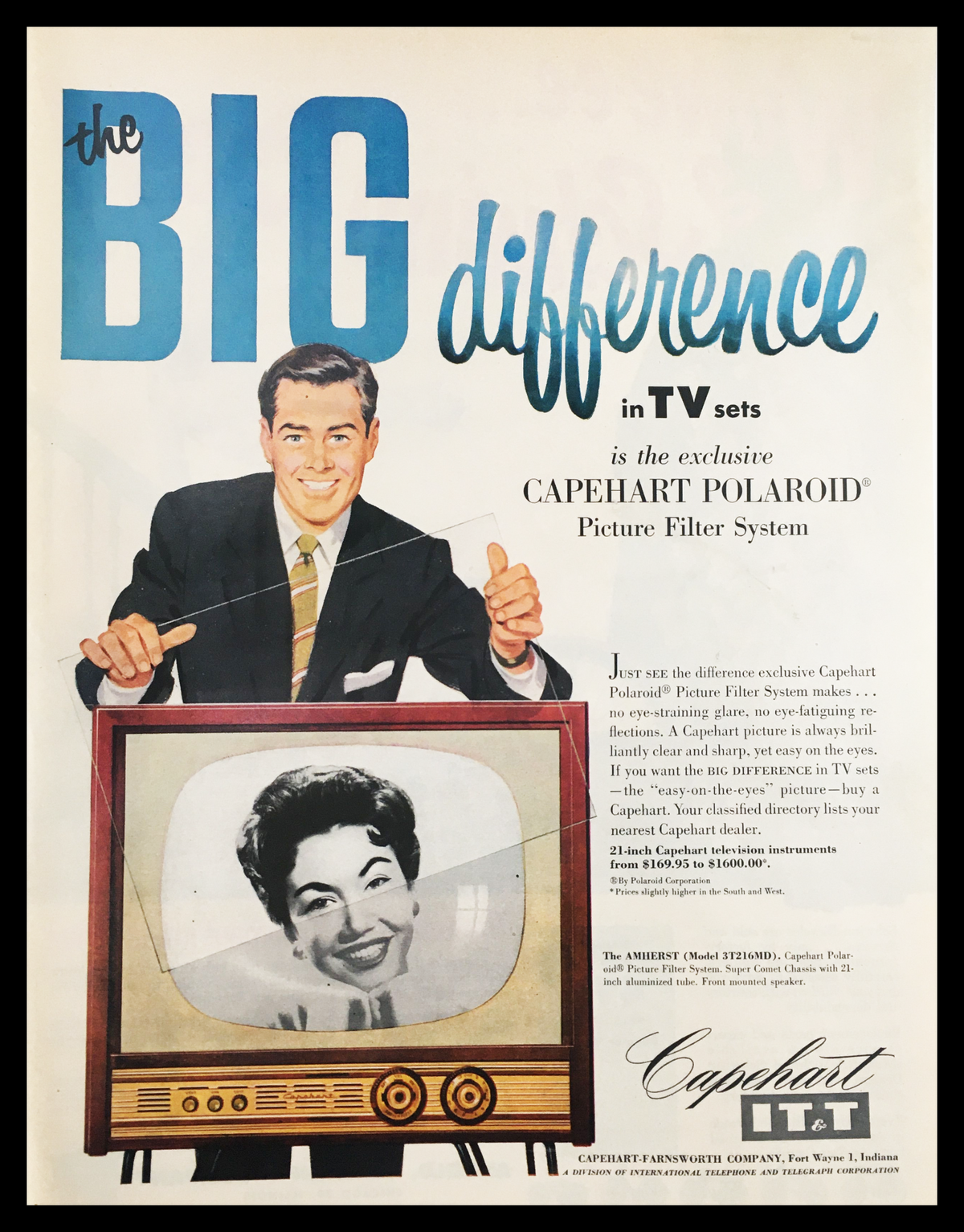 1955 Capehart Polaroid Picture Filter System Vintage Print Ad featuring a man with a television showcasing the exclusive Capehart Polaroid Picture Filter System that illustrates the difference in picture quality.