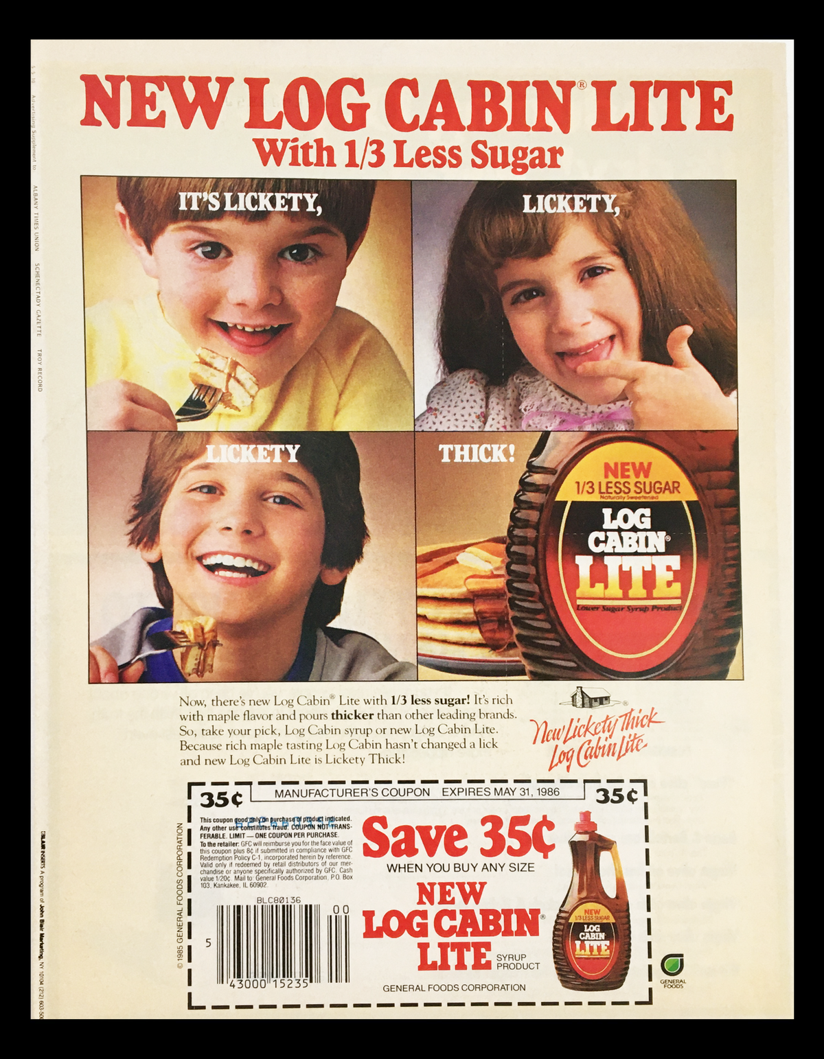 1986 Log Cabin Lite Syrup Product Circular Coupon Advertisement featuring children enjoying syrup, showcasing its '1/3 less sugar' benefit and a coupon for 35 cents off.