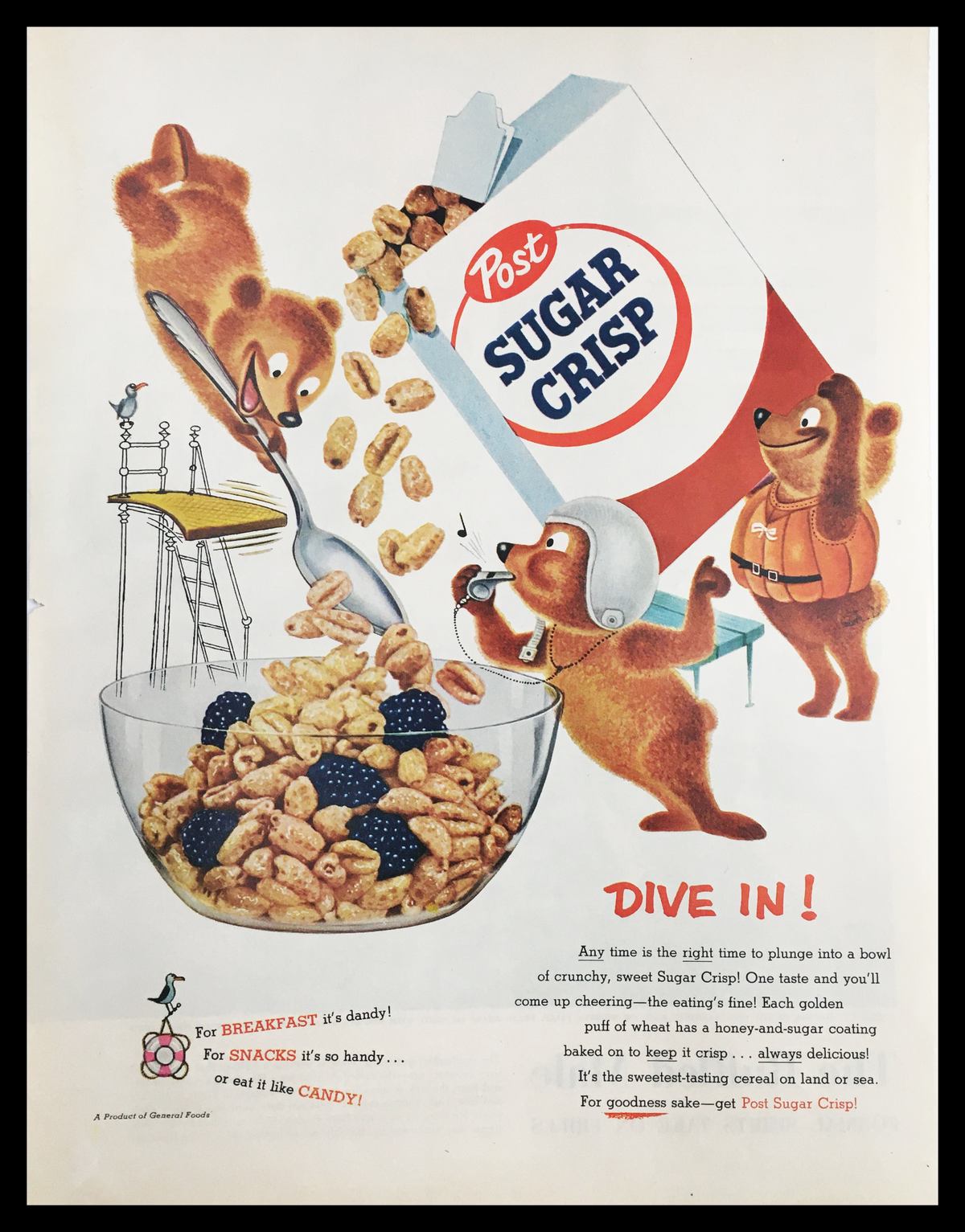 Authentic 1955 Post Sugar Crisp Golden Puff Cereal Vintage Print Ad featuring playful bears enjoying cereal, showcasing mid-20th century advertising design.
