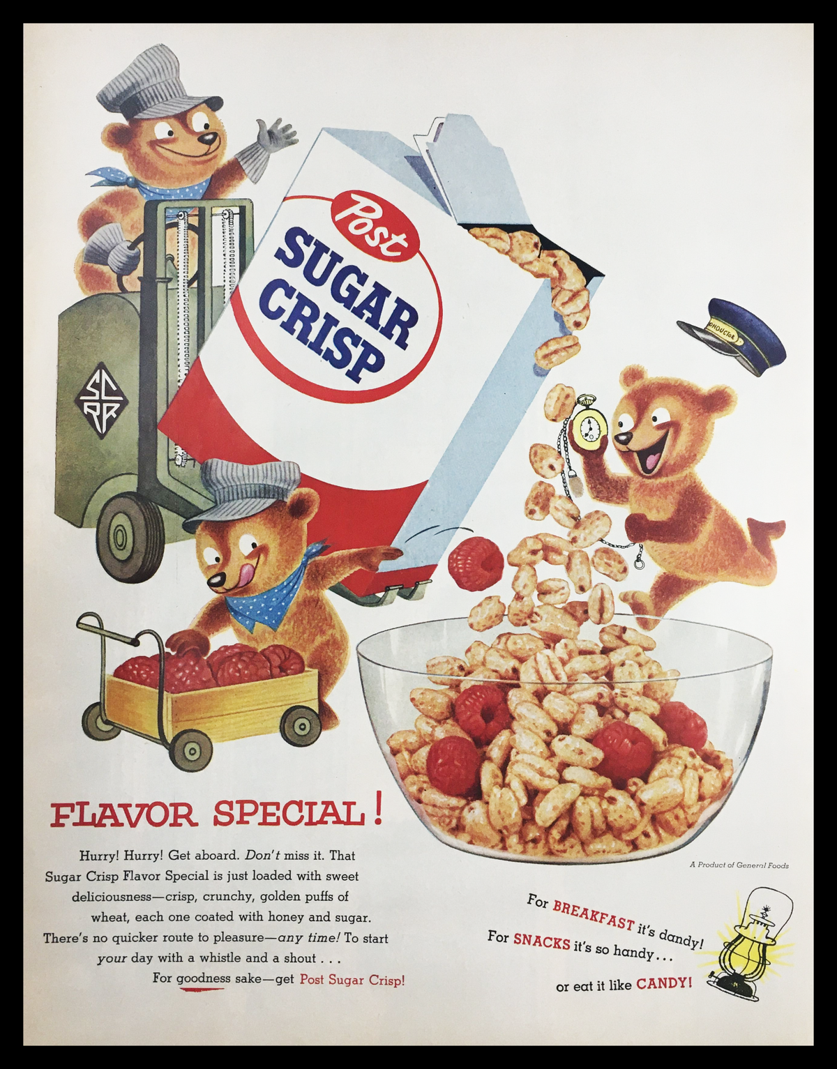 1955 Post Sugar Crisp Special Golden Puffs Vintage Print Ad featuring playful cartoon bears enjoying cereal, showcasing a vibrant design with a captivating color palette.