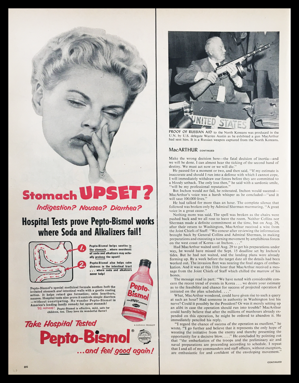 1955 Pepto-Bismol for Upset Stomach Vintage Print Ad showcasing a distressed woman and an advertisement for Pepto-Bismol's effectiveness against stomach issues.