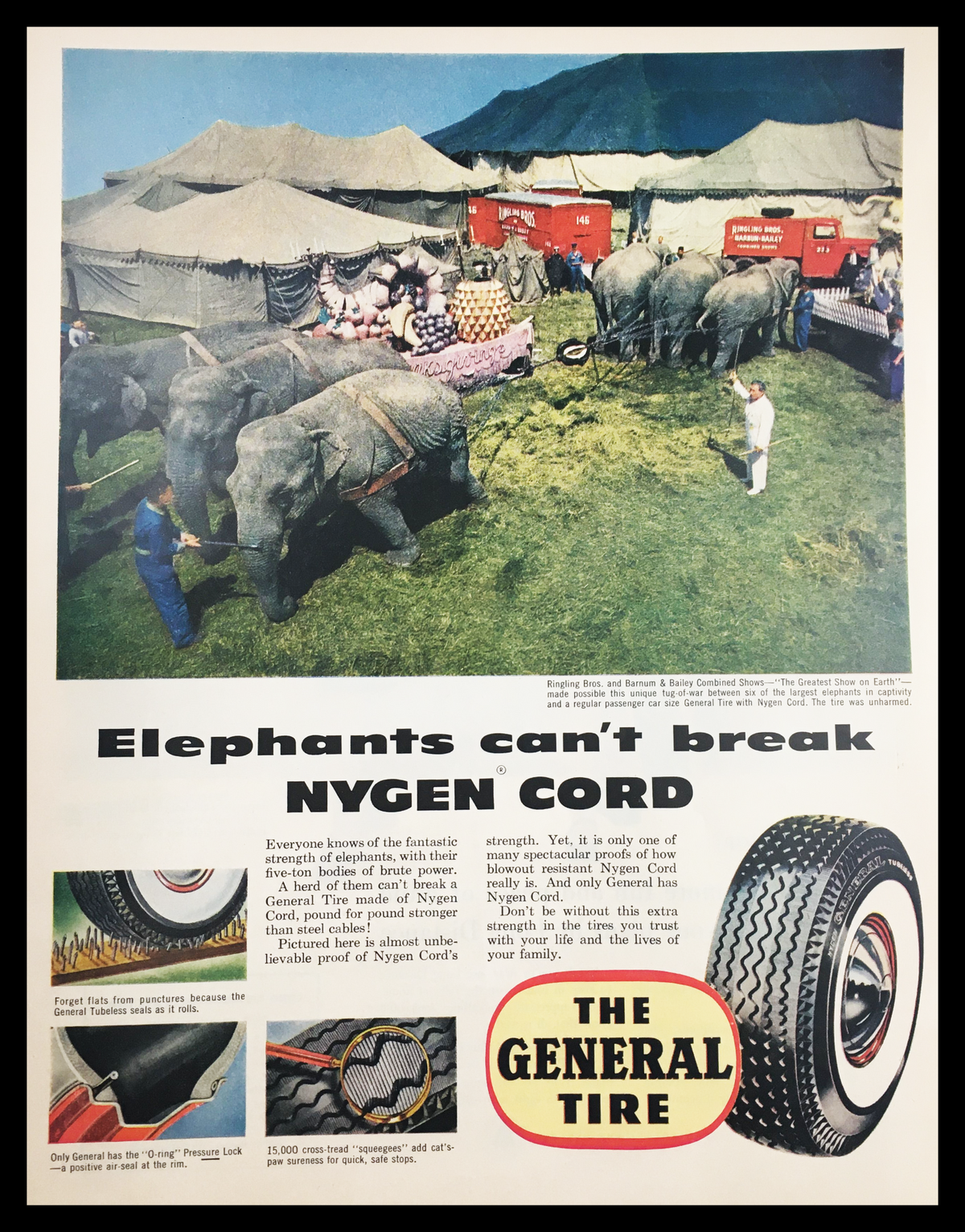1955 Nygen Cord The General Tire Vintage Print Ad featuring elephants in a circus-like setting, showcasing the ad's vibrant colors and mid-century design aesthetics.