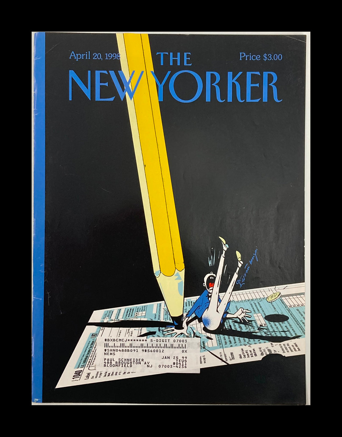Cover of The New Yorker dated April 20, 1998, titled 'Nothing is Certain But' by Istan Banyai, featuring a humorous illustration with a large pencil and a character on a paper.