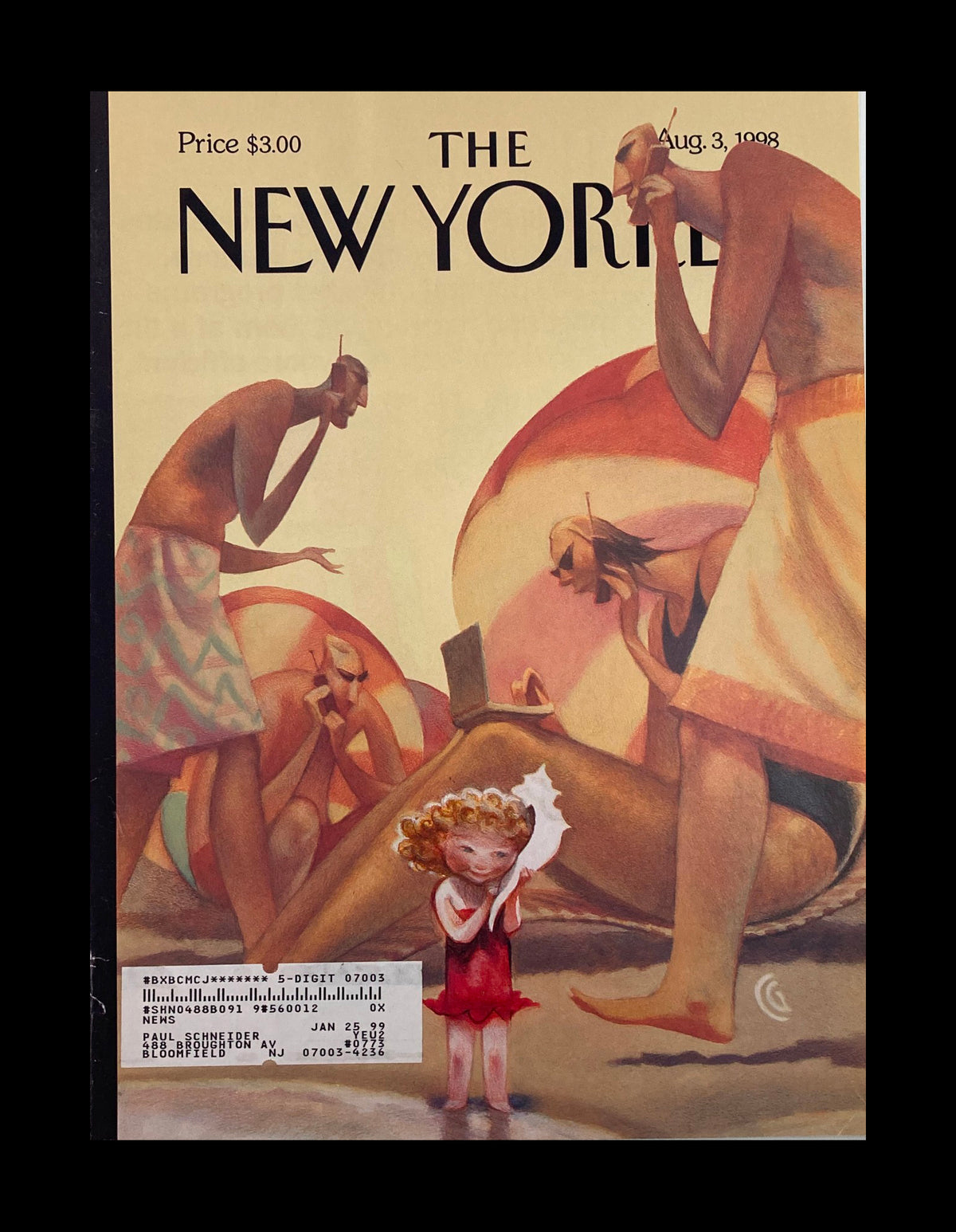 Cover of The New Yorker dated August 3, 1998 featuring the whimsical illustration "Shell Phones" by Carter Goodrich, depicting people using shells as communication devices.
