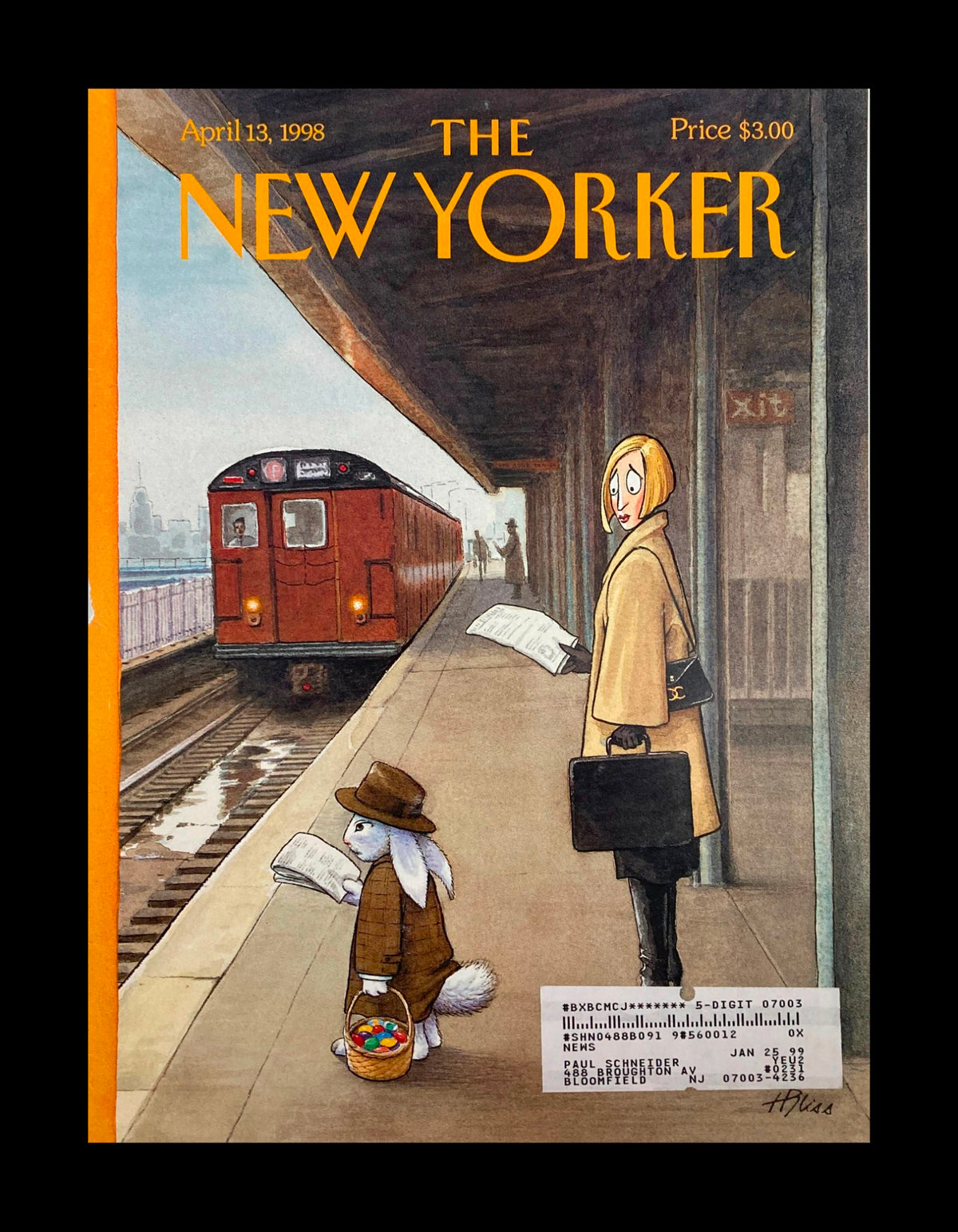 COVER ONLY The New Yorker April 13 1998 Another Day, Another Egg by Harry Bliss featuring a whimsical illustration of a bunny and a woman at a train station.