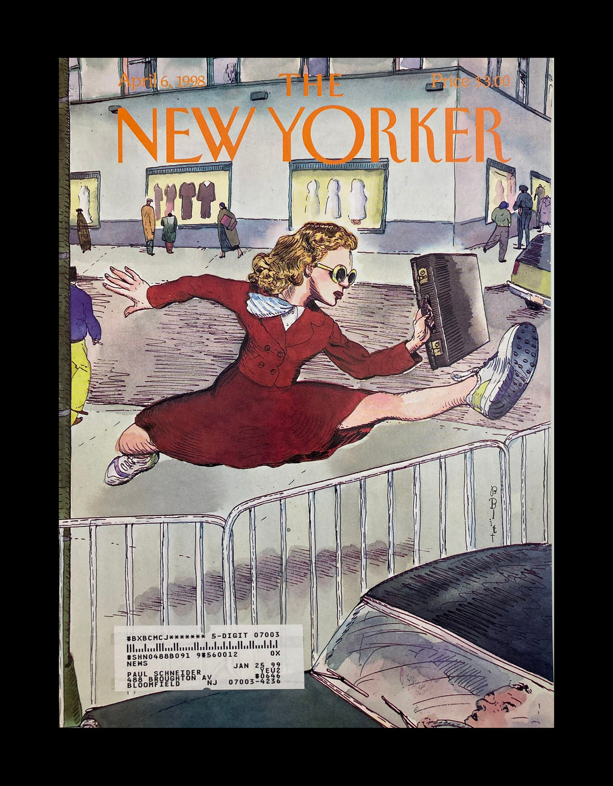 Cover of The New Yorker April 6, 1998, titled 'Taking It in Stride' by Barry Blitt, depicting a girl in a red dress leaping over a barrier while holding a book, showcasing dynamic art and vibrant colors.