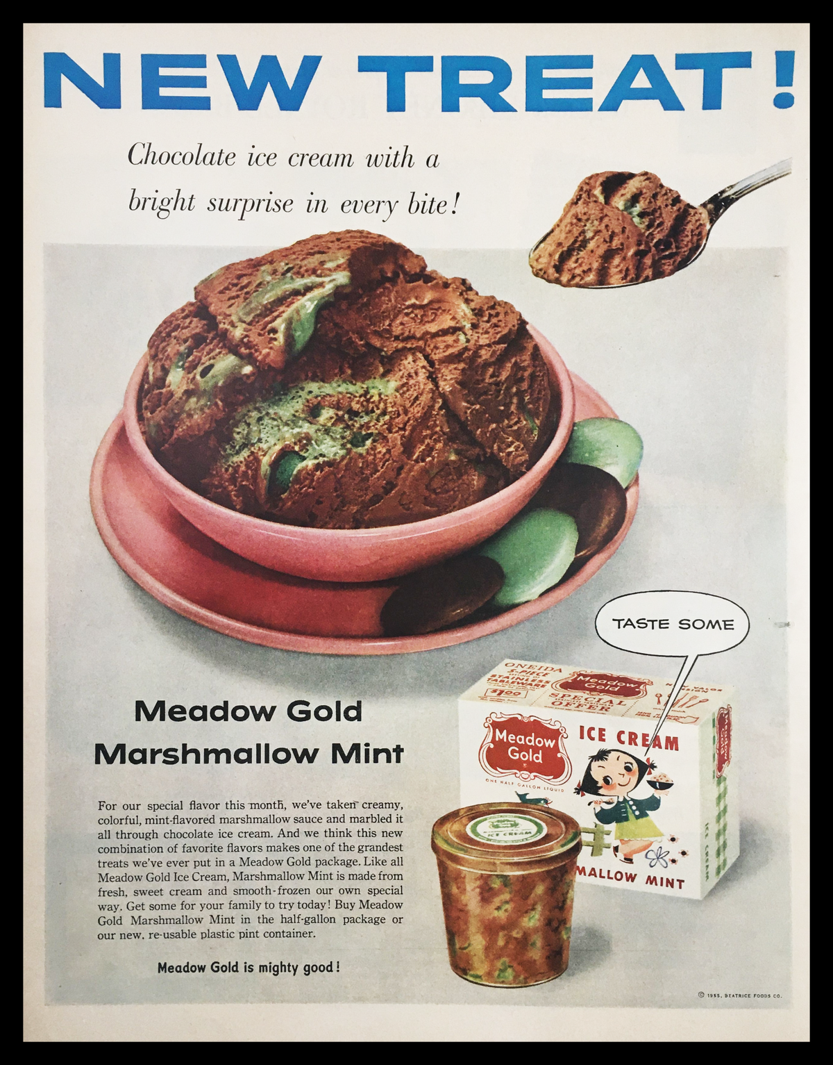 1955 Meadow Gold Marshmallow Mint Ice Cream Vintage Print Ad featuring a bowl of mint ice cream with a bright advertisement design highlighting the product.