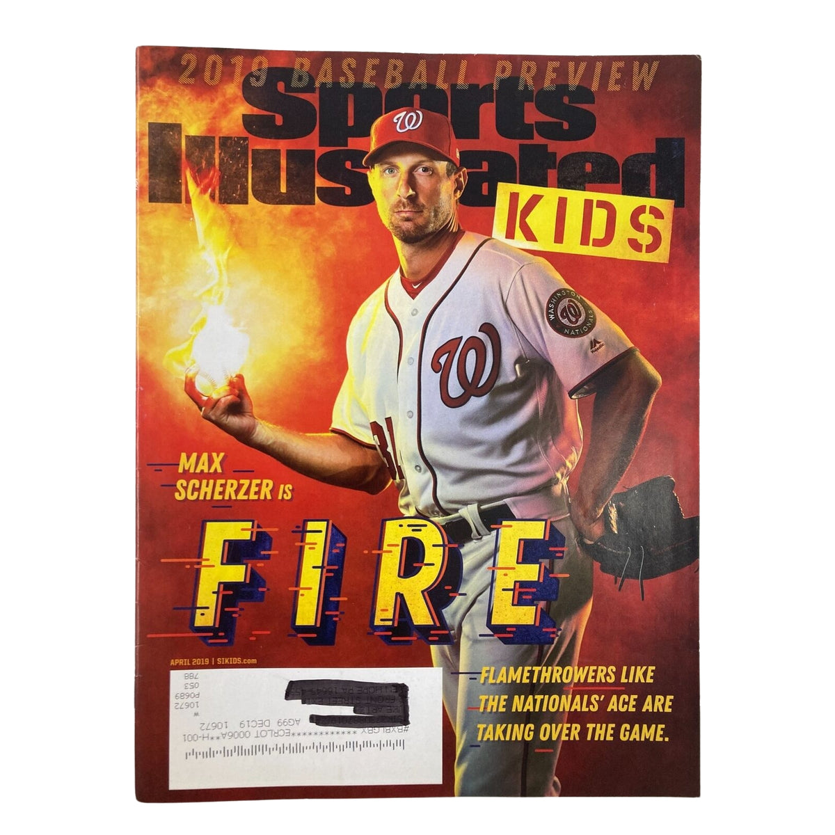 Cover of Sports Illustrated Kids magazine showcasing Max Scherzer under the title '2019 Baseball Preview - FIRE', designed for young sports fans, part of the Lot of 6 2000s Sports Illustrated Kids Collection Magazine LeBron James NO CARDS.