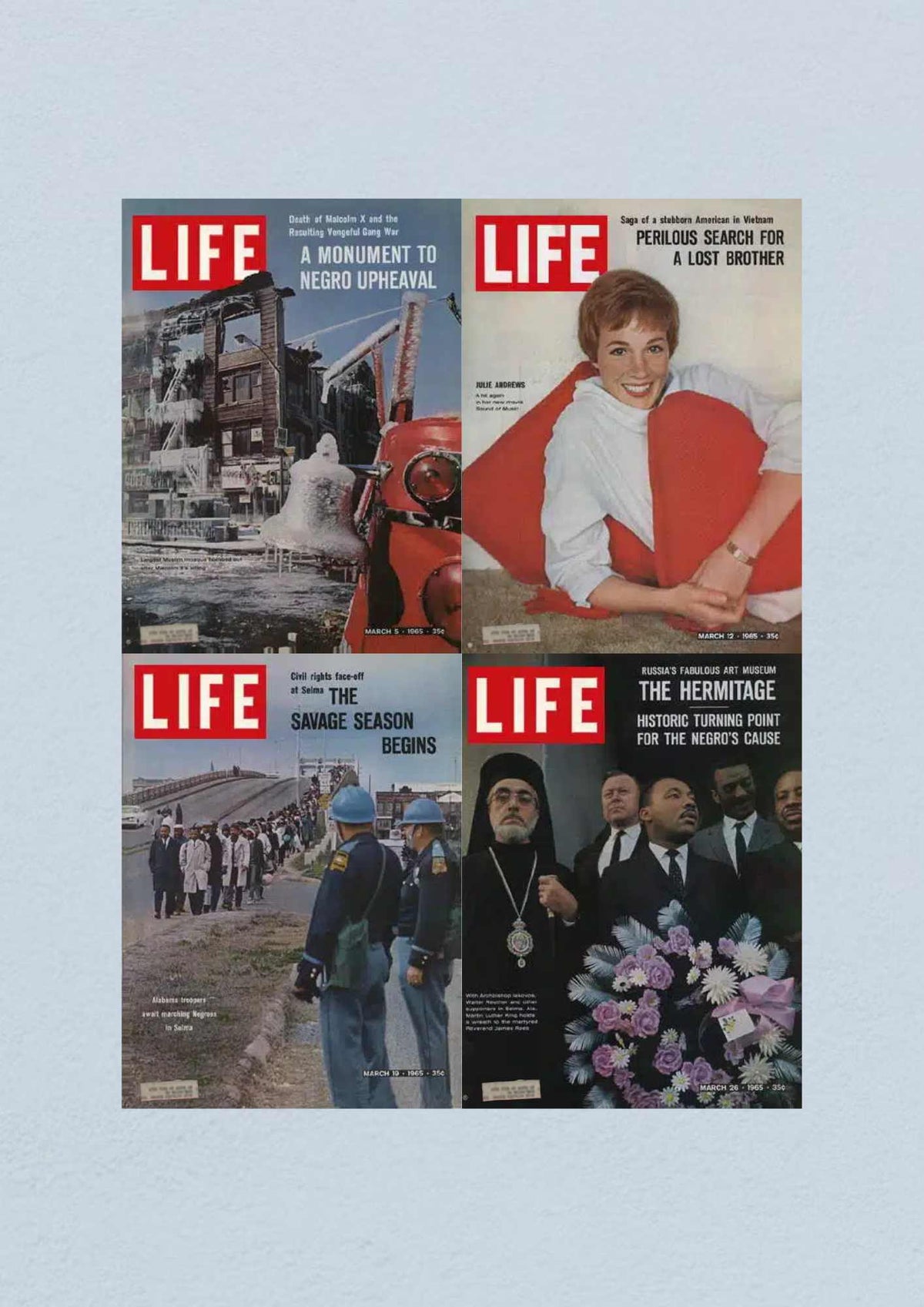 Life Magazine Lot of 4 from March 1965 featuring covers including the death of Malcolm X, Julie Andrews in The Sound of Music, the Selma Civil Rights March, and a historic commentary related to the Civil Rights Movement.