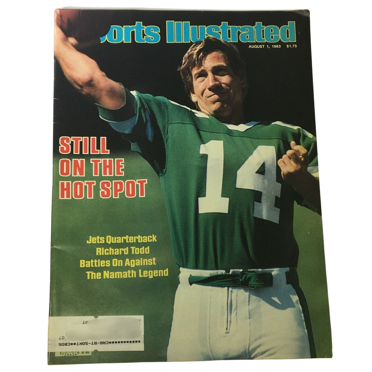 Lot of 6 1980s-1990s Sports Illustrated Magazines featuring NFL athletes. This cover from August 1, 1983, highlights Jets quarterback Richard Todd, stating 'Still on the Hot Spot'.