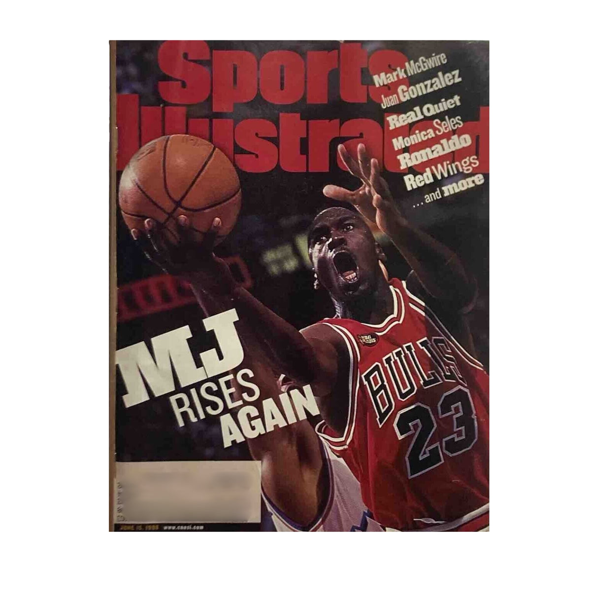 Sports Illustrated Magazine cover from June 17, 1996, titled 'MJ Rises Again,' showcasing Michael Jordan in action for the Chicago Bulls. Part of the collection: Lot of 6 1996-1999 Sports Illustrated Magazine NBA Michael Jordan Chicago Bulls.