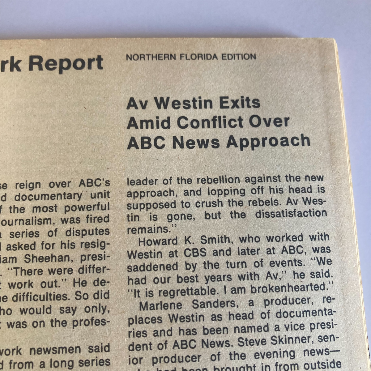 Report page in TV Guide Magazine February 7 1976 #1193 discussing Av Westin's departure from ABC News amid internal conflicts over news approach.