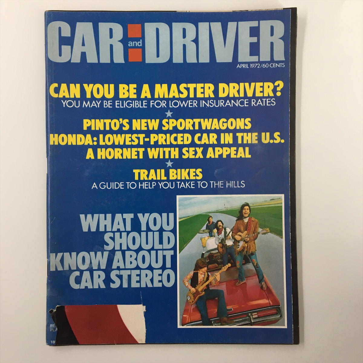 Cover of VTG Car and Driver Magazine April 1972 featuring articles about Ford Convertibles and car audio systems.