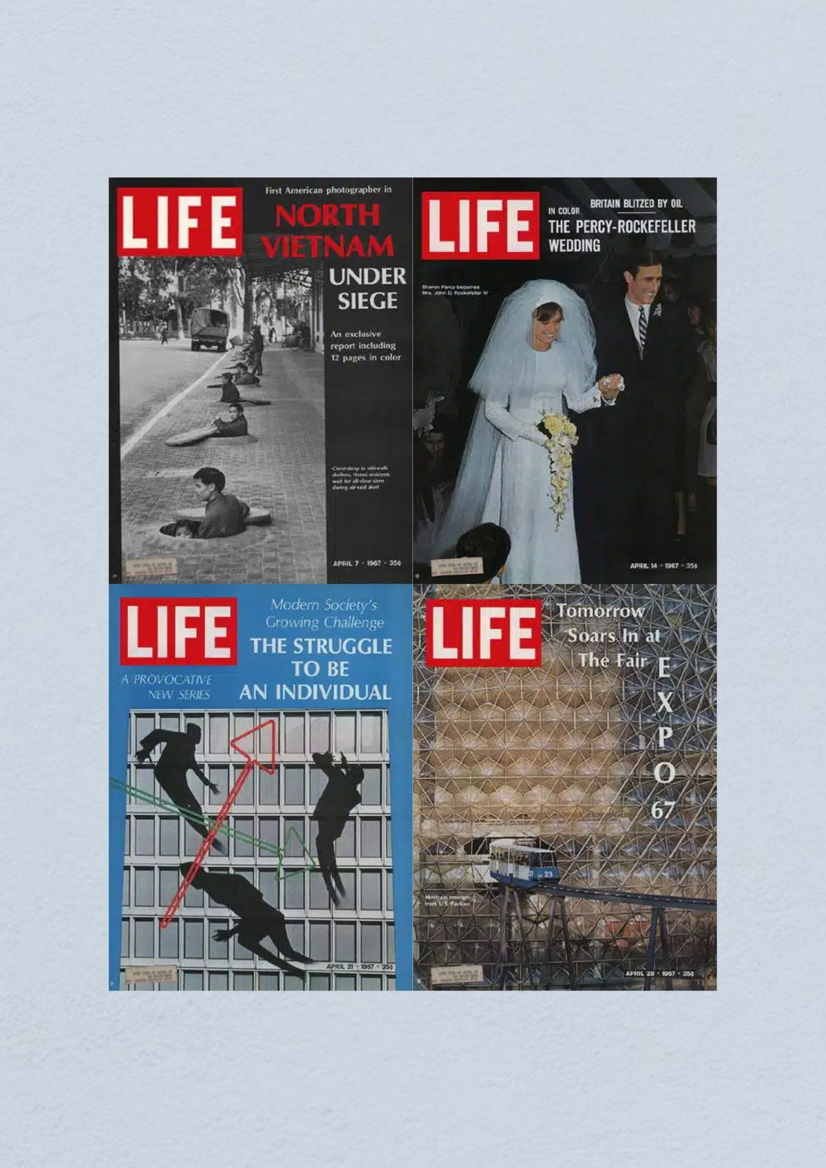 Collection of four Life magazines from April 1967: featuring April 7 cover on North Vietnam Under Siege, April 14 cover on the Percy-Rockefeller Wedding, April 21 cover on The Struggle to Be an Individual, and April 28 cover on Expo 67.