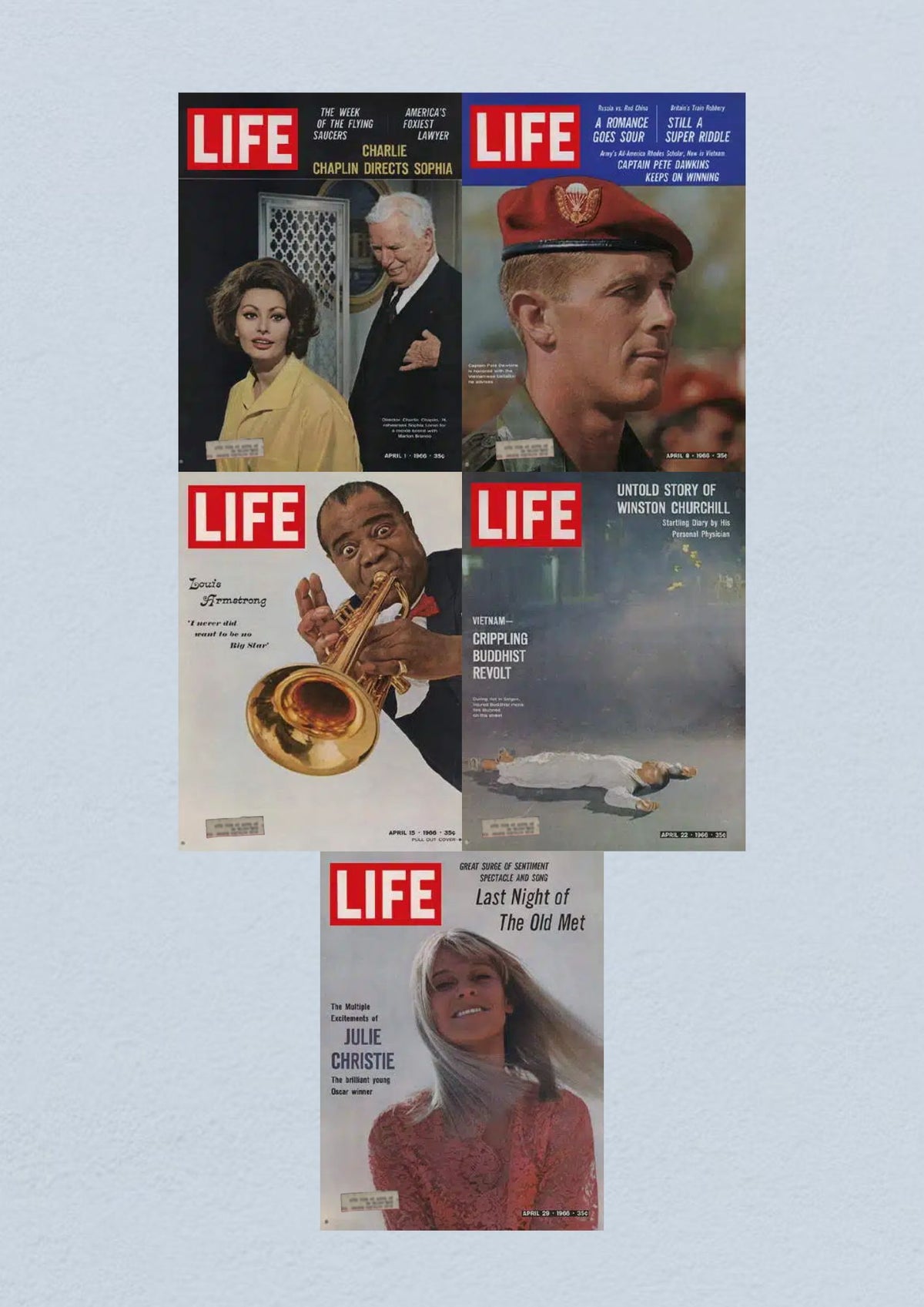Life Magazine Lot of 5 Full Month of April 1966 featuring covers from April 1, 8, 15, 22, and 29, showcasing notable figures like Charlie Chaplin, Louis Armstrong, and Julie Christie, along with historical events and cultural reflections.