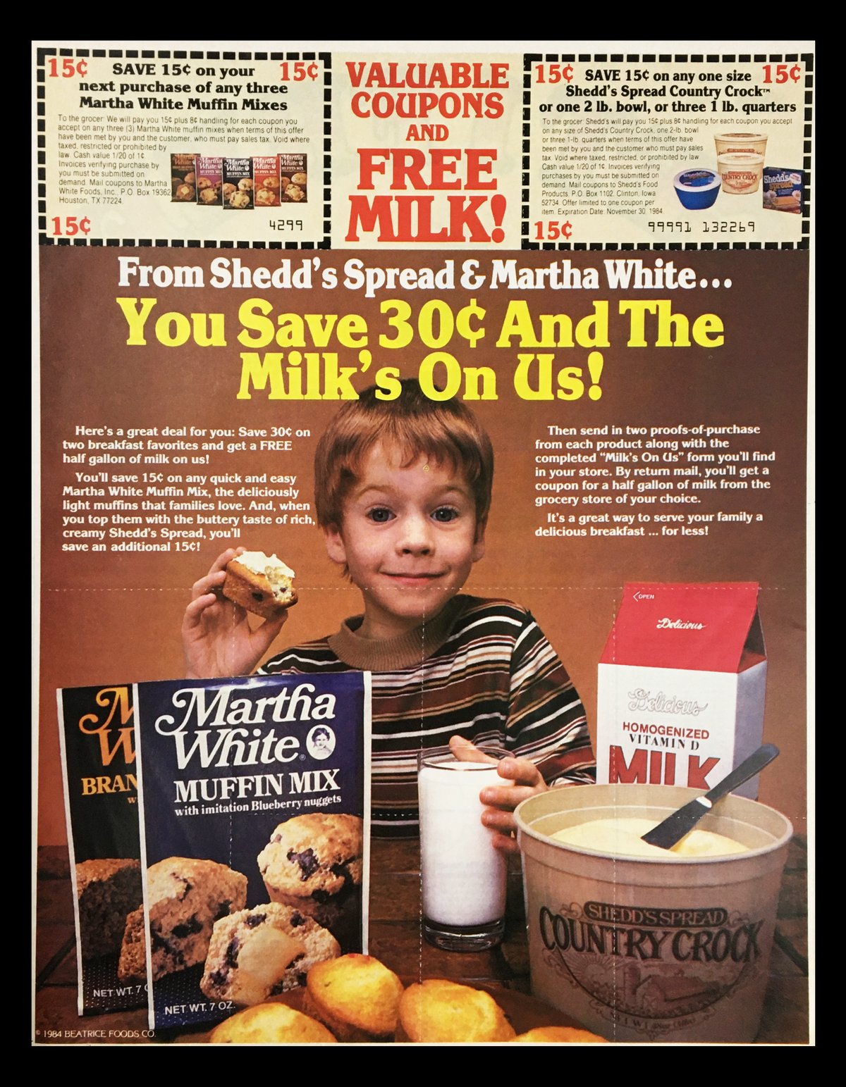 1984 Martha White Muffin Mix Circular Coupon Advertisement featuring a boy with muffins, a glass of milk, and product packaging. Highlights savings on muffins and offers a coupon for free milk.