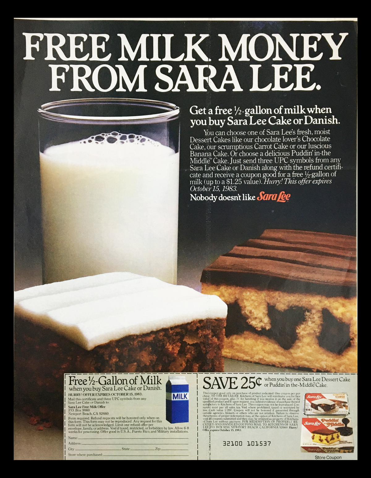 1983 Sara Lee Cake or Danish Desserts Circular Coupon Advertisement featuring a promotion for free milk with purchase, showcasing Sara Lee dessert products.