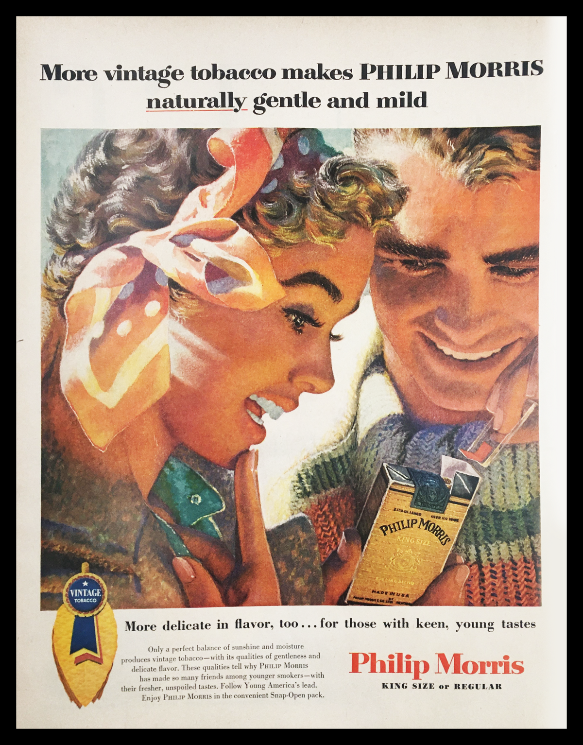 1955 Philip Morris King Size Regular Tobacco Vintage Print Ad featuring vibrant colors and a nostalgic design, showcasing an advertisement for Philip Morris with a focus on its gentle and mild tobacco.