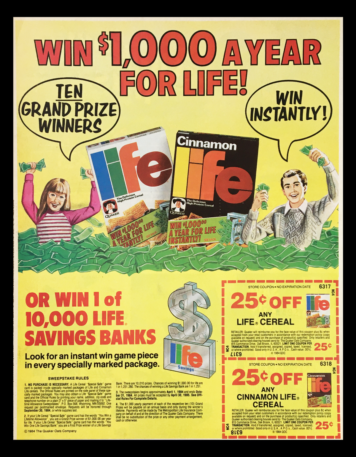 1984 Quaker Life Cereal Circular Coupon Advertisement featuring a promotional contest with a prize of $1,000 a year for life, showcasing Life cereal boxes and savings banks, along with expired coupon offers for discounts on Life cereal.