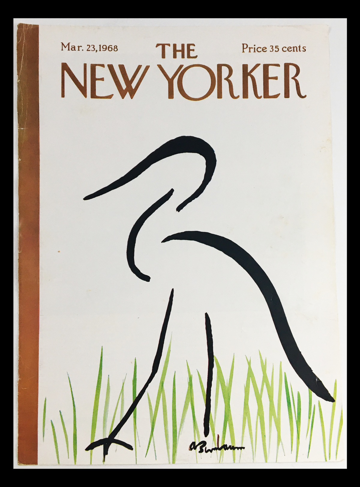 Cover art of The New Yorker from March 23, 1968, featuring a minimalist illustration by Abe Birnbaum. The design showcases a stylized bird against a backdrop of green grass, highlighting the artistic style of the late 1960s.
