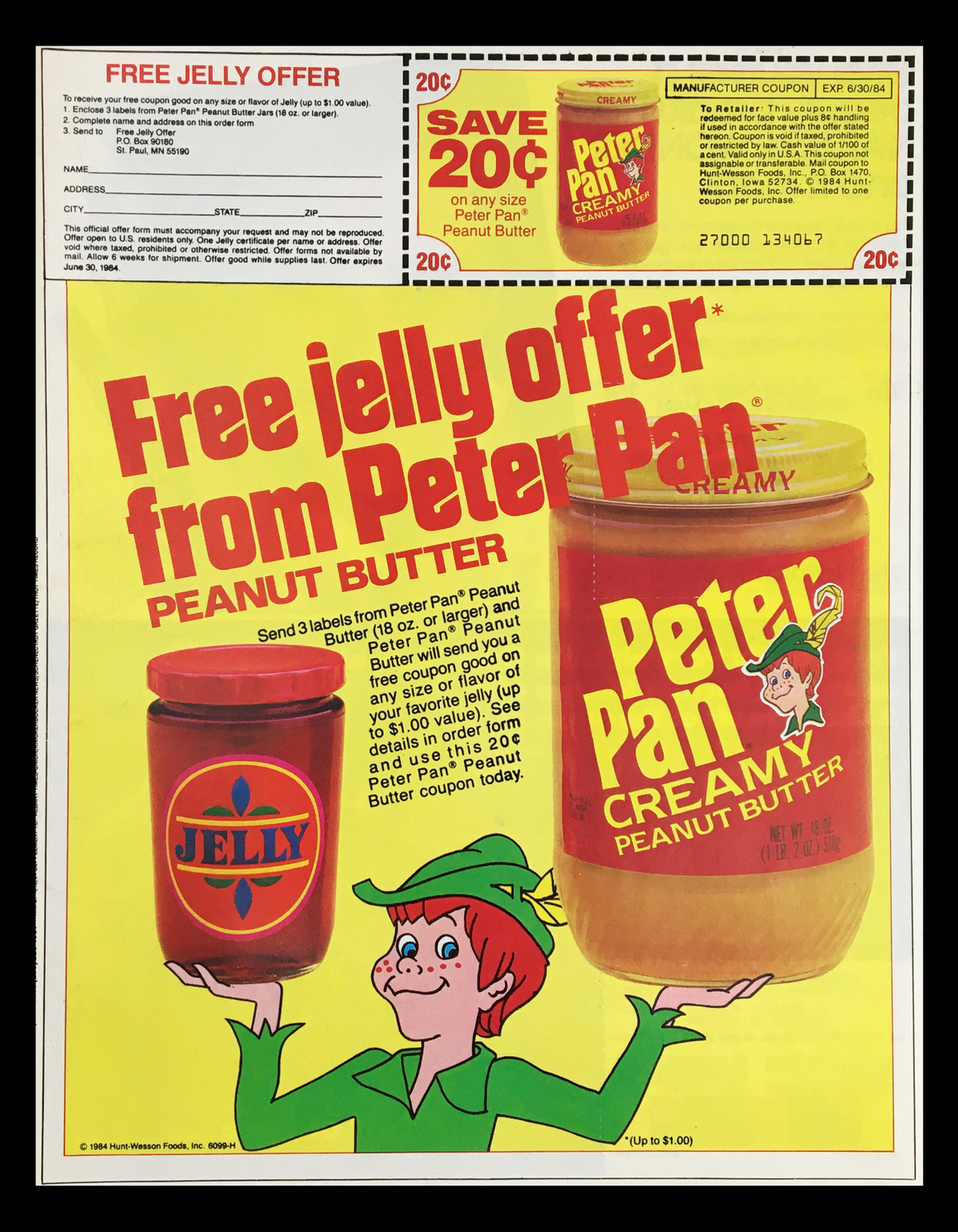 1984 Peter Pan Creamy Peanut Butter Circular Coupon Advertisement featuring a free jelly offer, showcasing a jar of peanut butter alongside a jar of jelly, with a cartoon character promoting the offer.