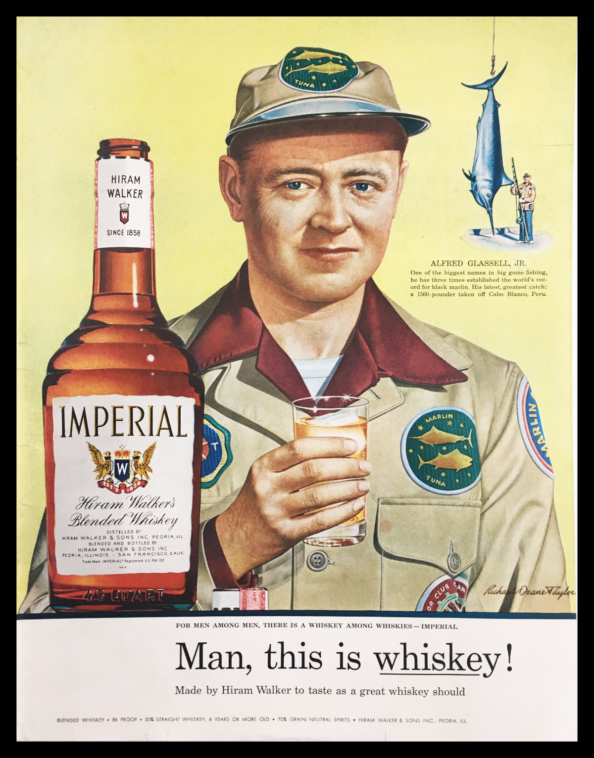 1955 Imperial Hiram Walker Blended Whiskey Vintage Print Ad featuring a man holding a glass of whiskey, showcasing mid-century advertisement design elements and cultural themes, perfect for collectors.
