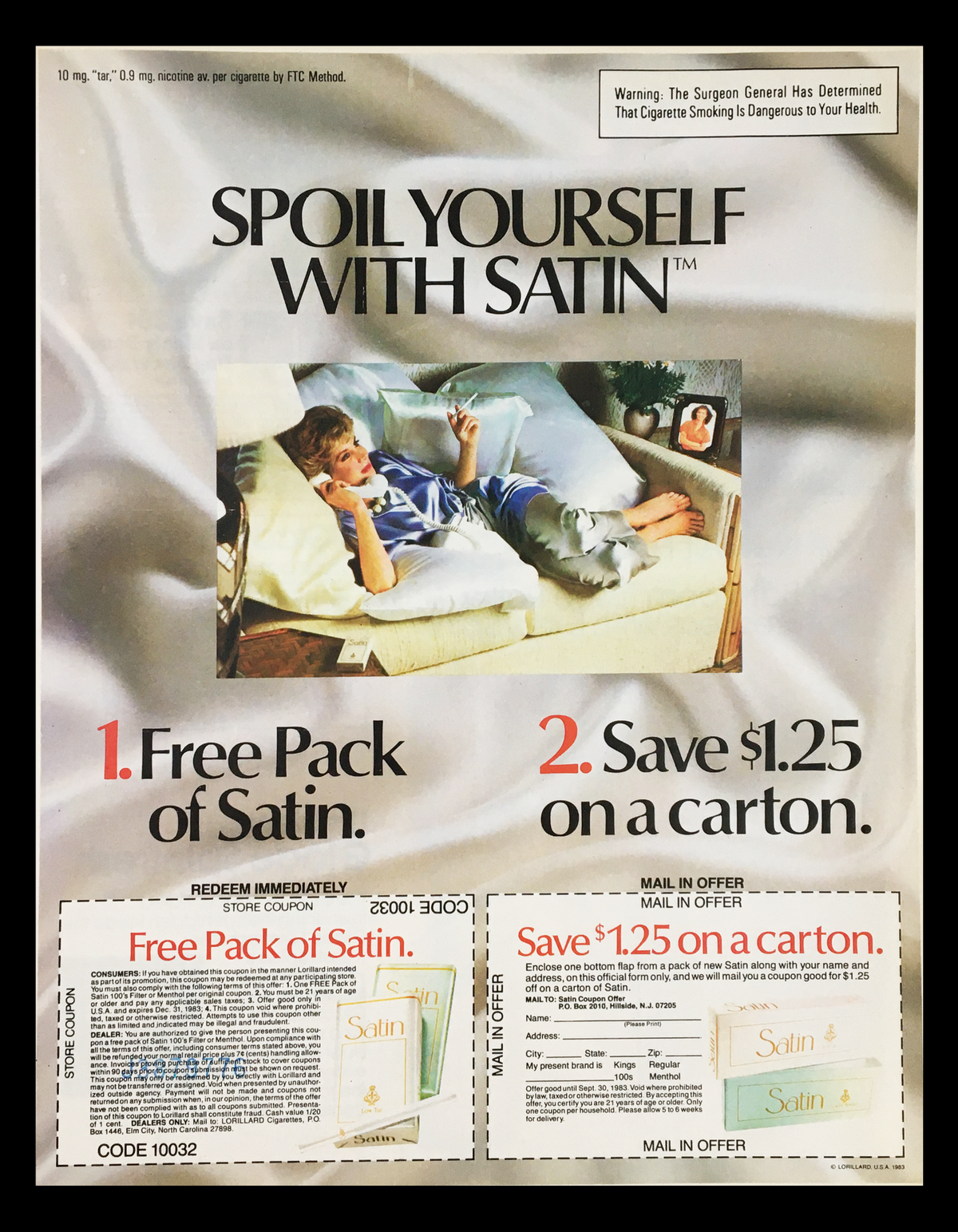1983 Satin 100's Filter Circular advertisement featuring a promotional offer for a free pack of Satin cigarettes and a discount on a carton, showcasing a relaxation scene with a person on a couch.