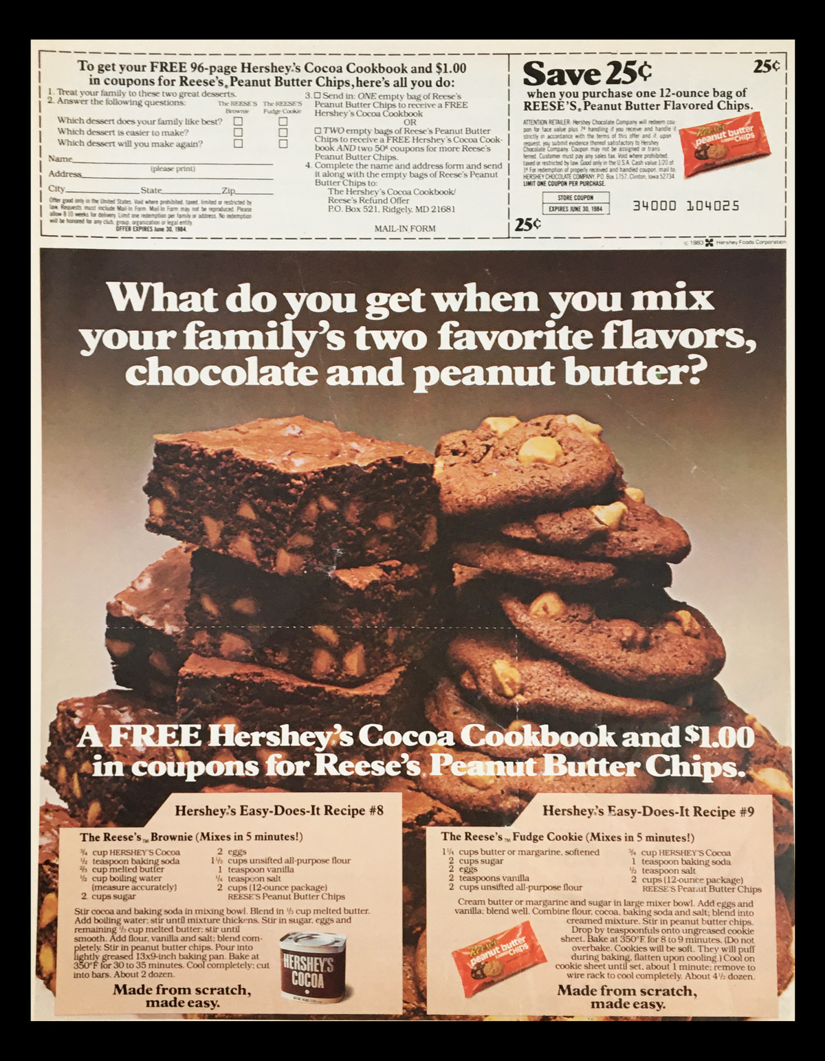 1983 Reese's Peanut Butter Chips Circular Coupon Advertisement featuring a classic design, including cookie recipes and an offer for a Hershey's Cocoa Cookbook.