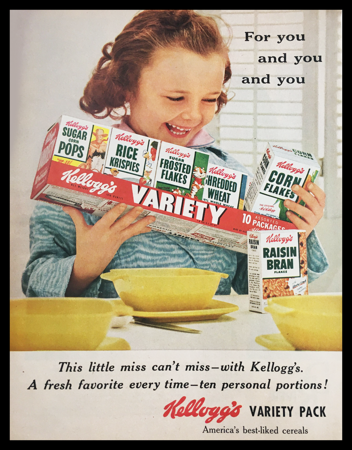 1955 Kellogg's Cereal Variety Pack Vintage Print Ad featuring a young girl holding a box of Kellogg's cereals with vibrant colors, showcasing the nostalgic appeal of 1950s advertising.