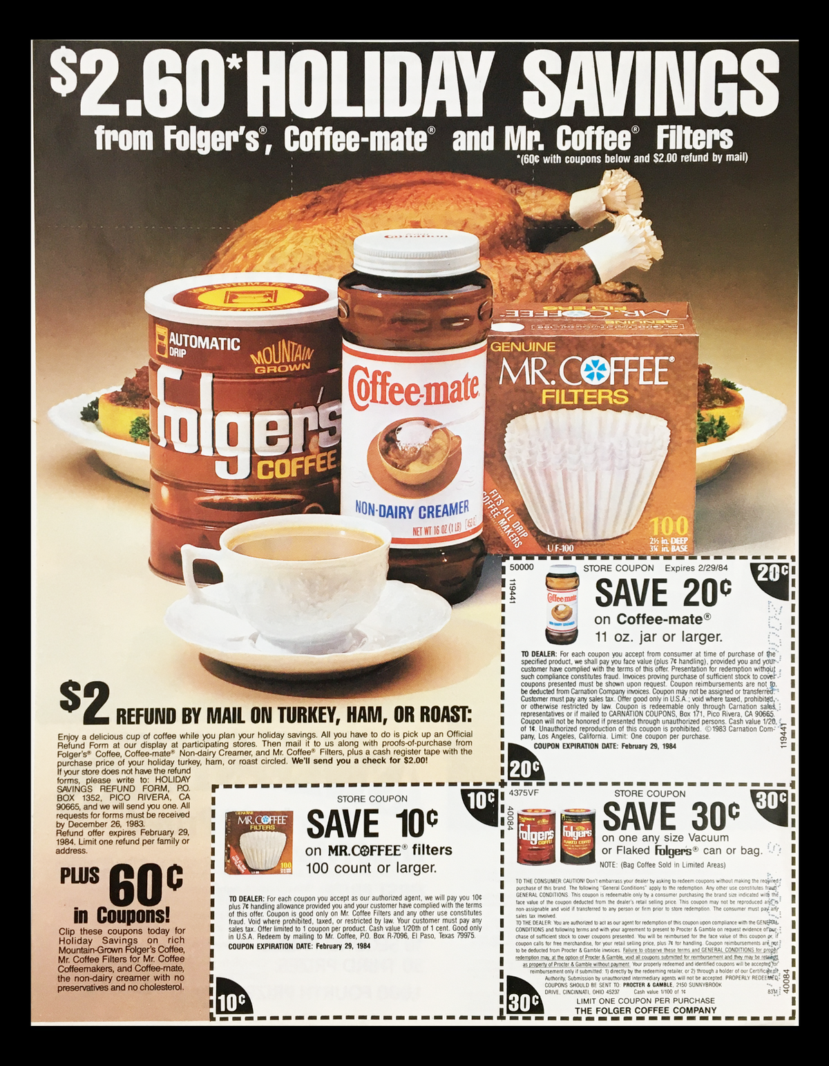 1984 Folger's Coffee Holiday Savings Circular Coupon Advertisement featuring Folgers Coffee, Coffee-mate Non-Dairy Creamer, and Mr. Coffee Filters, highlighting a $2.60 holiday savings offer with coupons.
